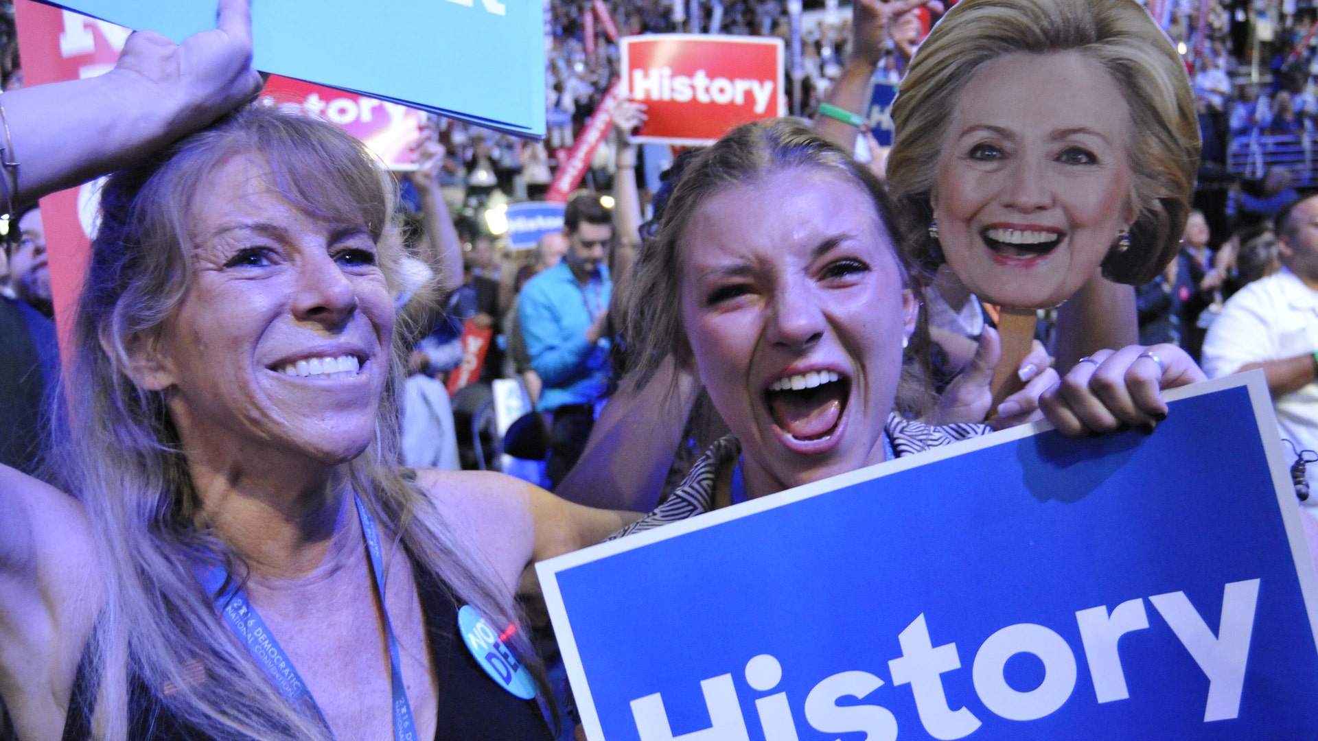 Delegates cheer as Hillary Clinton is made the first female Democratic presidential nominee.