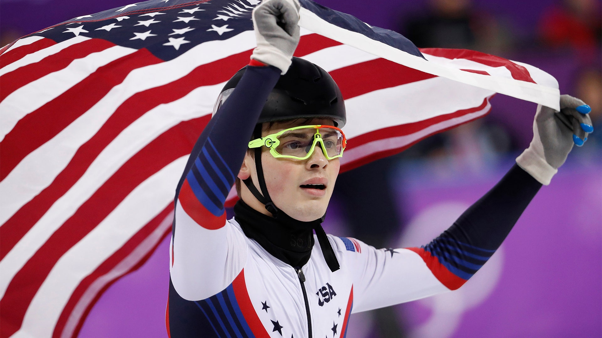 Silver medallist of the Men 1000m Final  John-Henry Krueger of the U.S celebrate