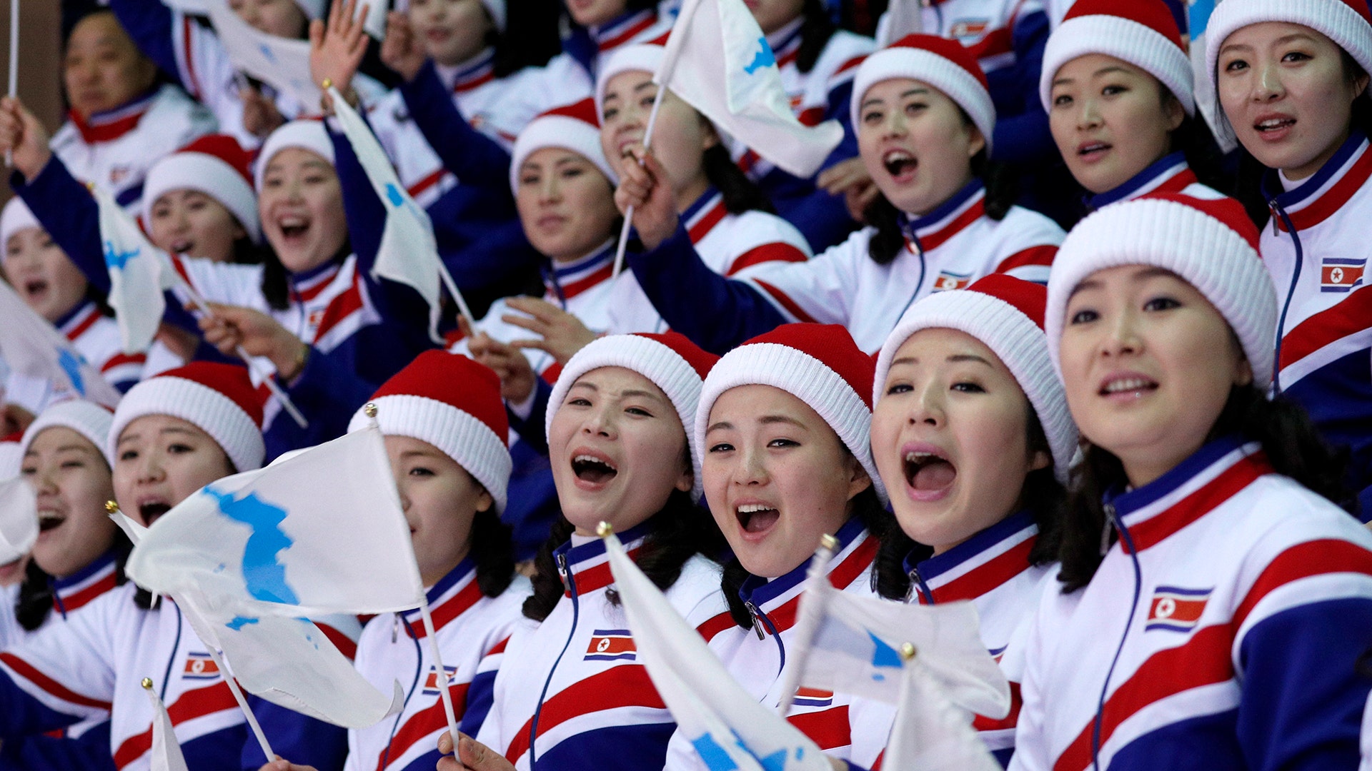Fans from North Korea wave Korean unification flags during women's hockey game between Sweden and Korea