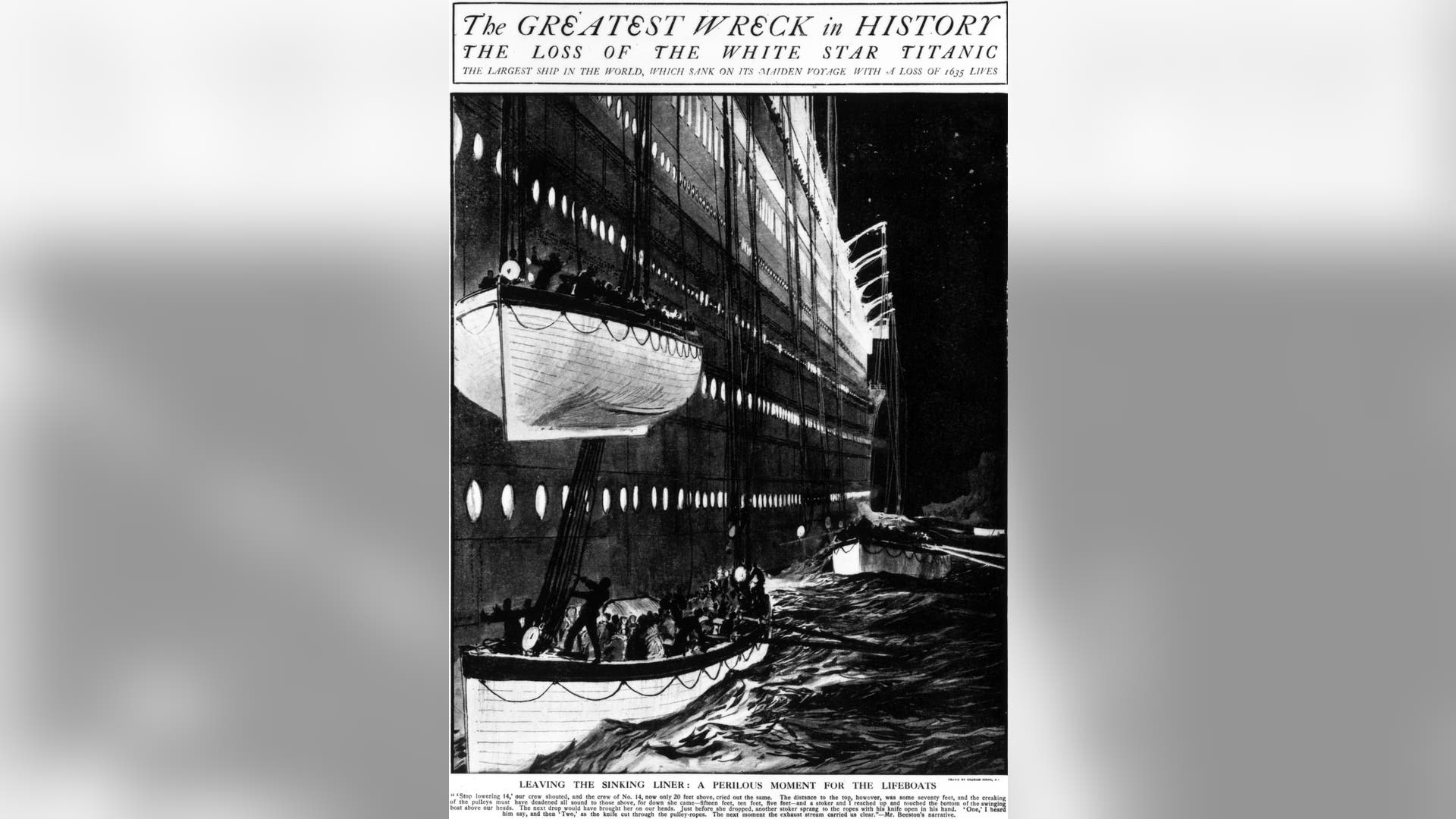 April 1912: Lowering the lifeboats on the SS Titanic after the liner collided with an iceberg. Original Publication: From a page of The Graphic, 1912. (Photo by Hulton Archive/Getty Images)