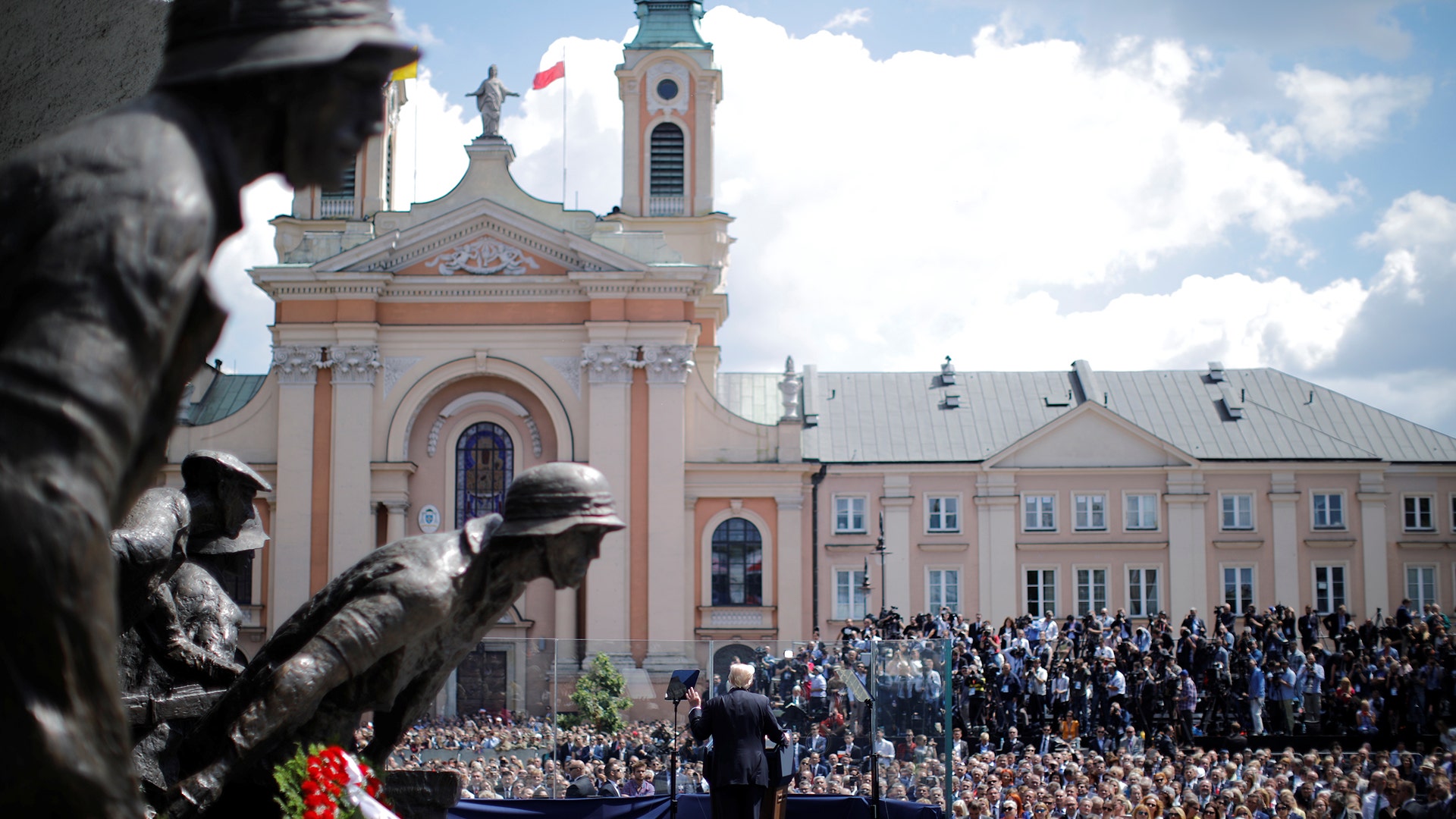US. President Donald Trump gives a public speech in front of the Warsaw Uprising Monument at Krasinski Square, in Warsaw, Poland July 6,