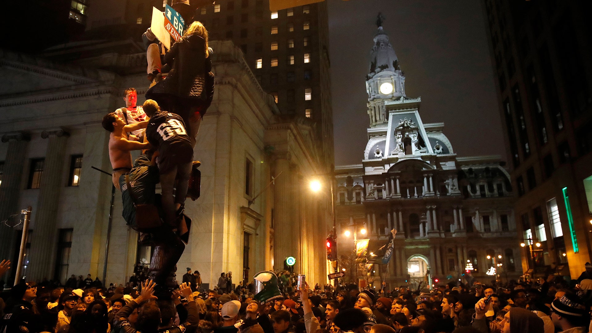 Philadelphia Eagles fans celebrate the team's victory in NFL Super Bowl 52 against the New England Patriots, Sunday