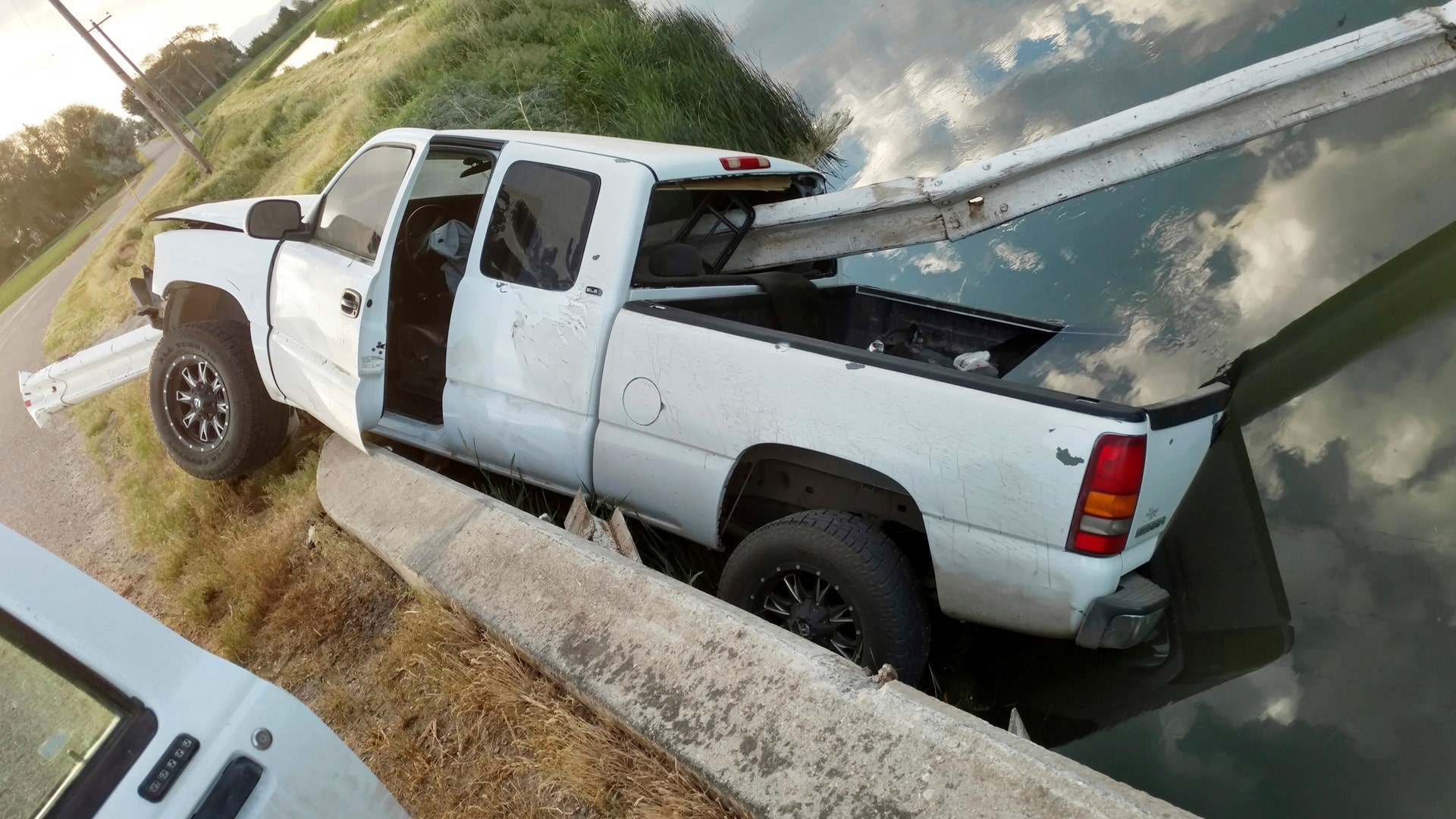 A stolen pickup truck was found impaled on about 30 feet of guard rail over a canal near Aberdeen in eastern Idaho, June 4