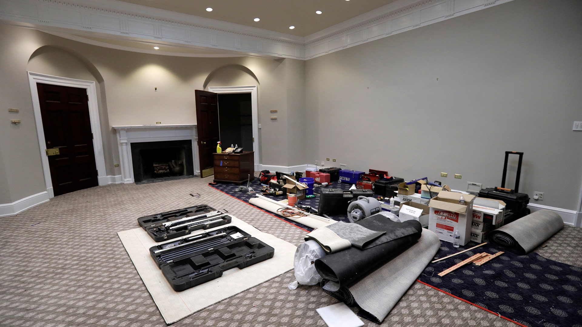 Construction materials and equipment are seen staged inside the historic Roosevelt Room in the West Wing during renovations 