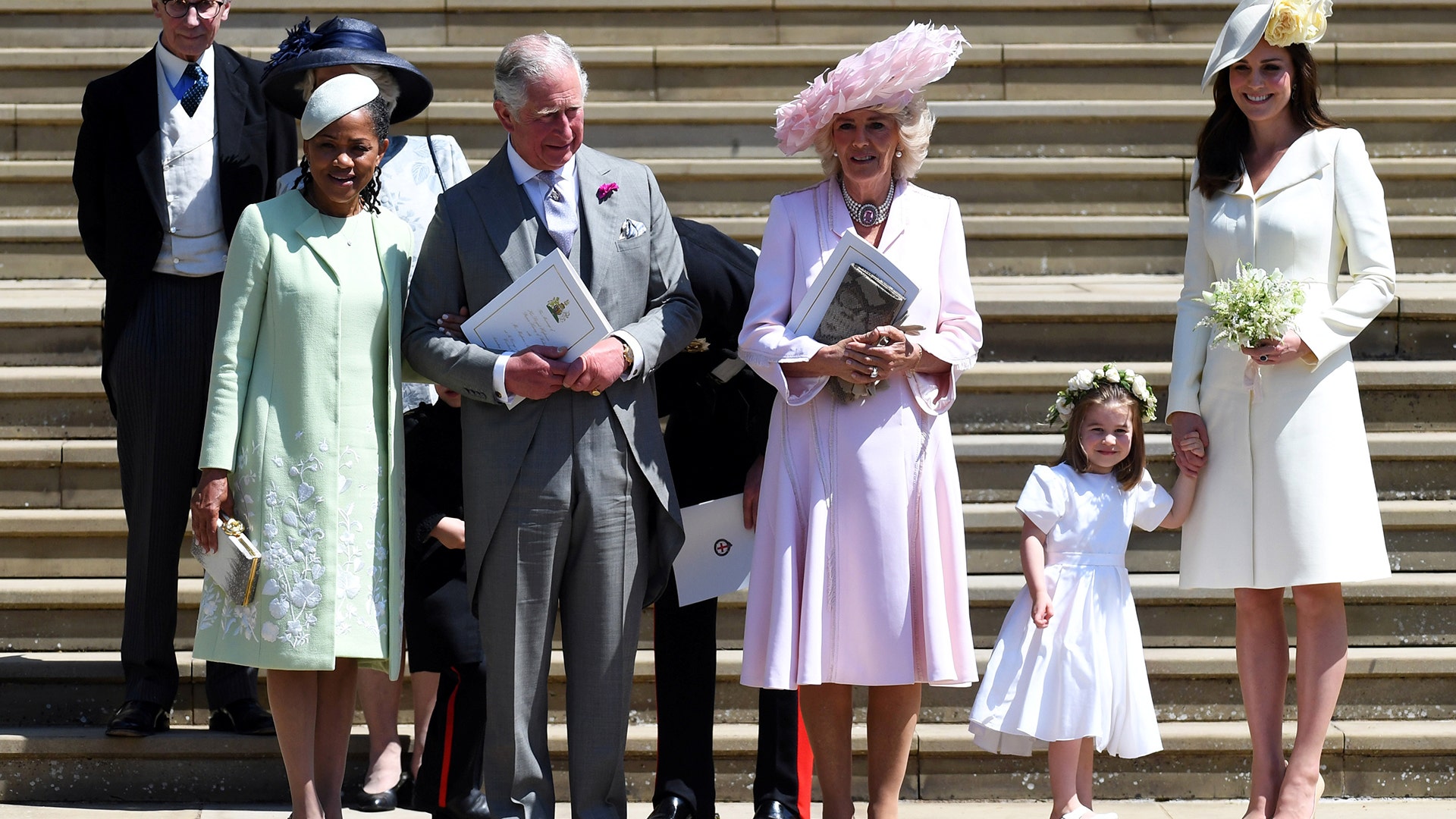 Doria Ragland, Prince Charles, Camilla, the Duchess of Cornwall, Catherine, Duchess of Cambridge and Princess Charlotte depart