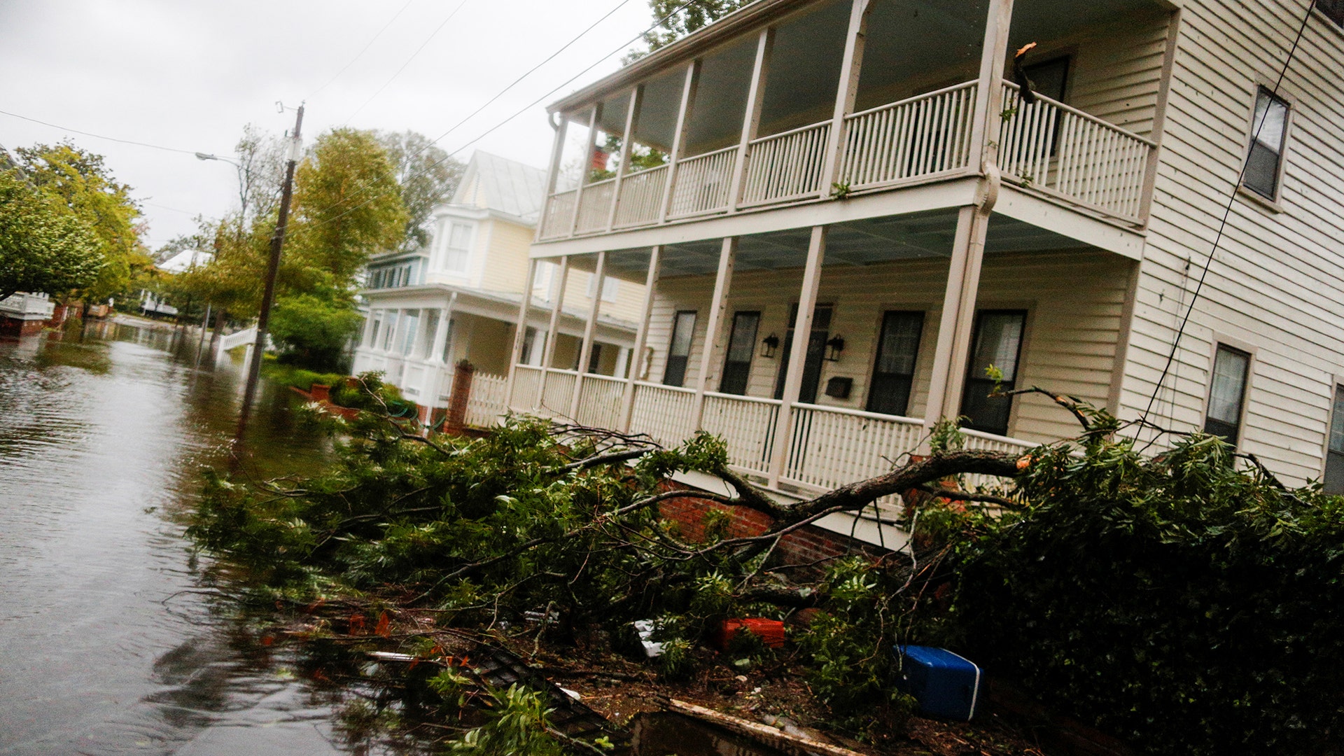 A downed tree and water from the Neuse river are seen on a flooded street in New Bern, North Carolina, Friday14