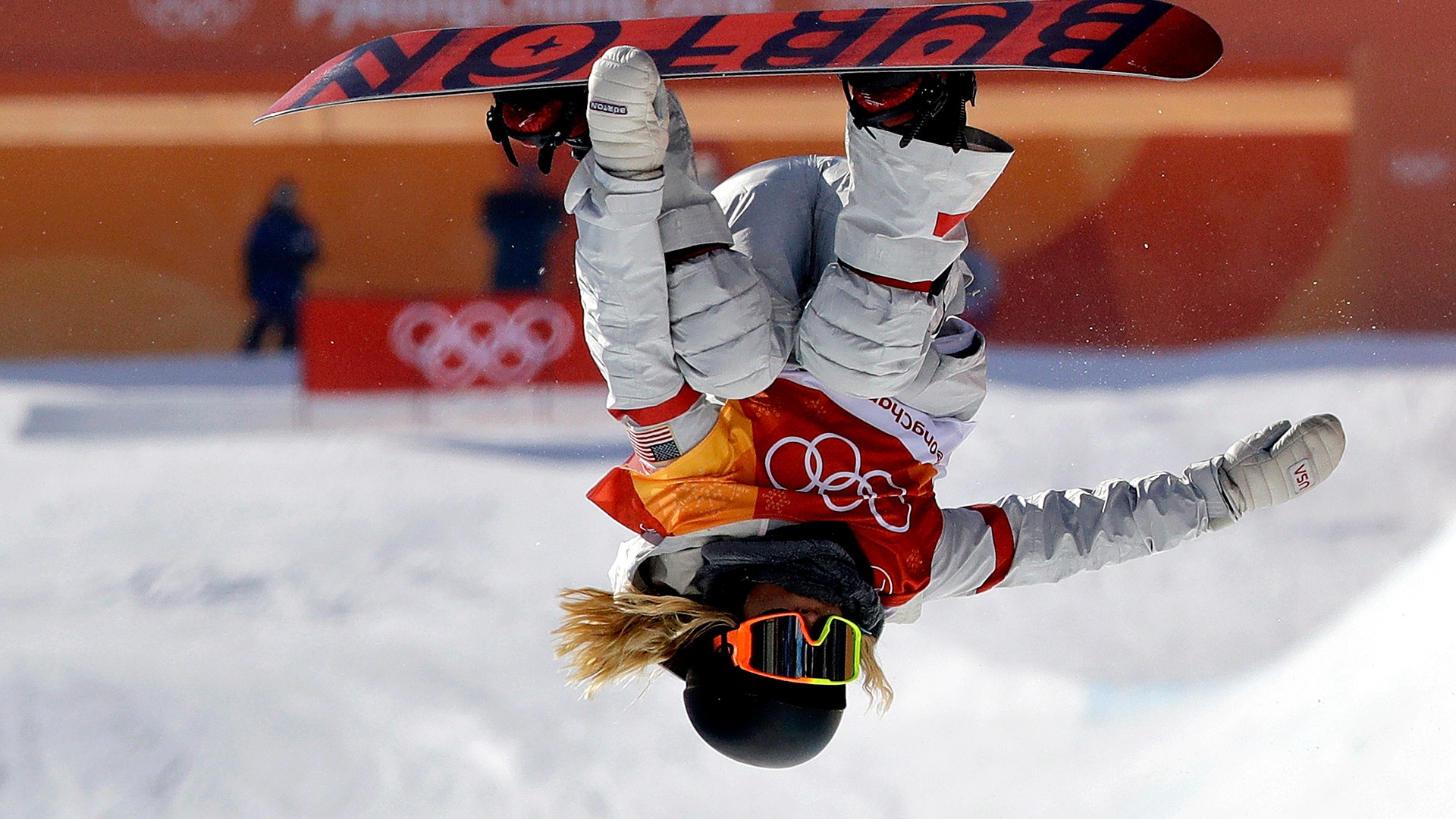 Snowboarder Chloe Kim of the United States, winning the women's halfpipe at the 2018 Winter Olympics in Pyeongchang
