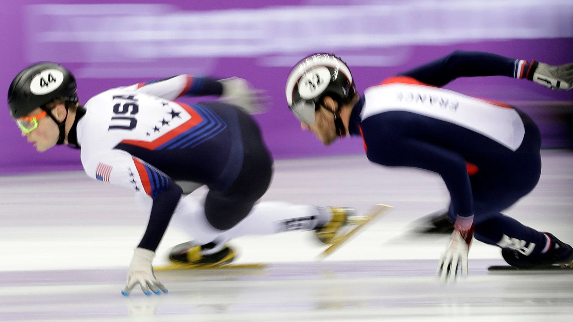 John-Henry Krueger of the United States leads Thibaut Fauconnet of France during the men's 1500 meters