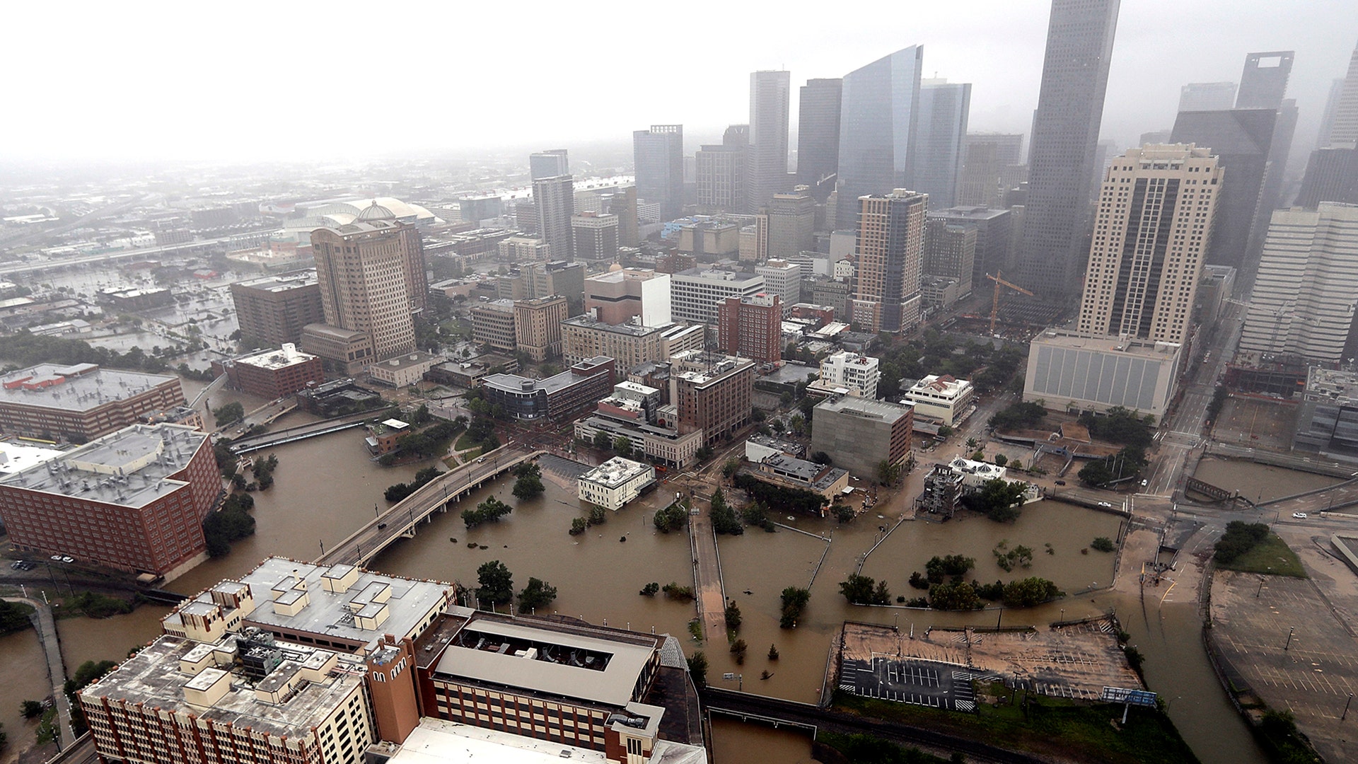Highways around downtown area are empty as floodwaters from Tropical Storm Harvey overflow from the bayous around Houston, Tuesday