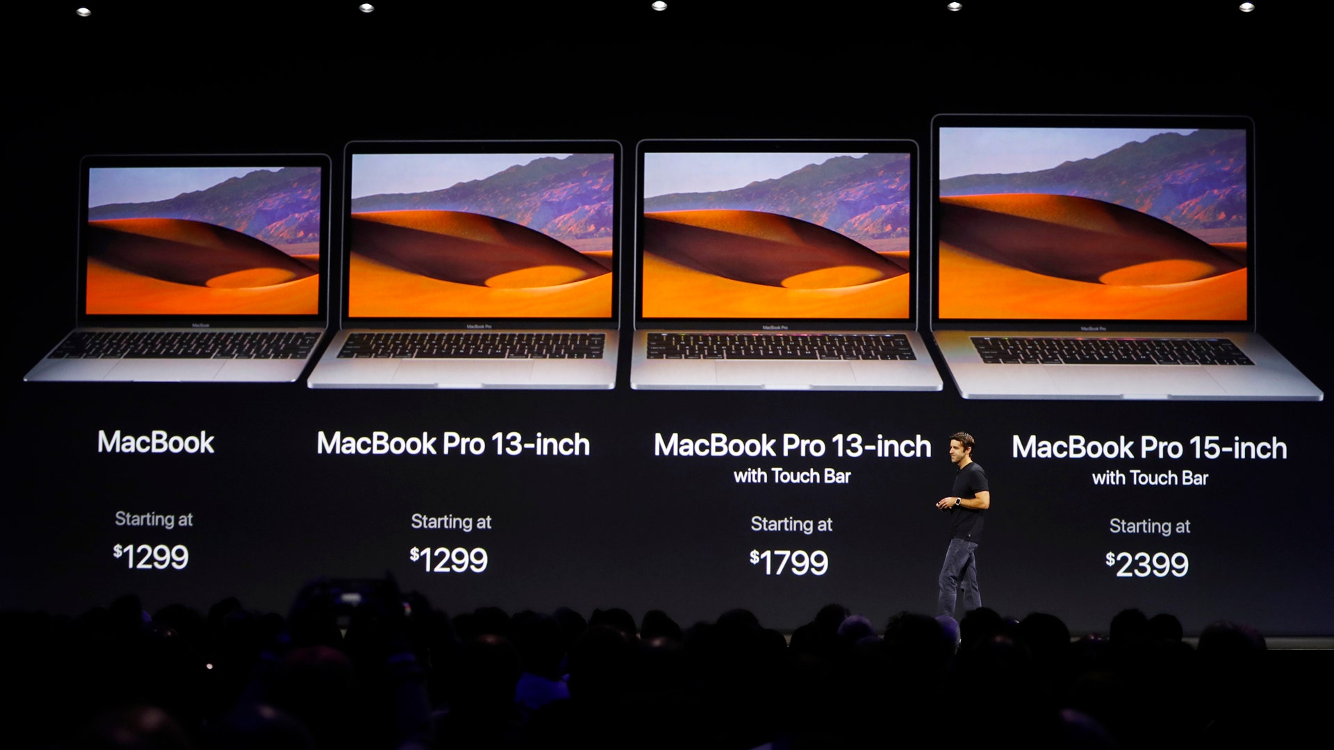 John Ternus, Vice President, Mac and iPad Hardware Engineering under a graphic of price points for the Macbook laptop family