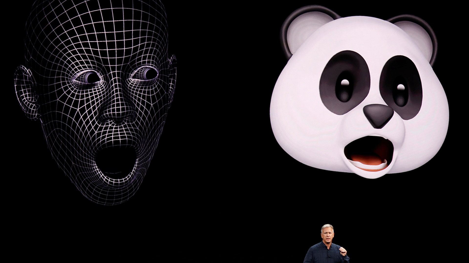 Apple Senior Vice President of Worldwide Marketing, Phil Schiller, shows Animoji during a launch event in Cupertino, Tuesday