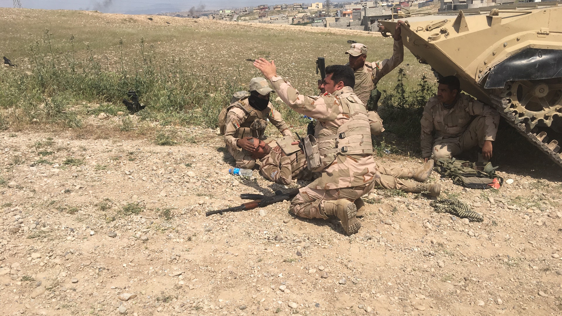 An Iraqi soldier is shot by an ISIS sniper, May 4, 2017 