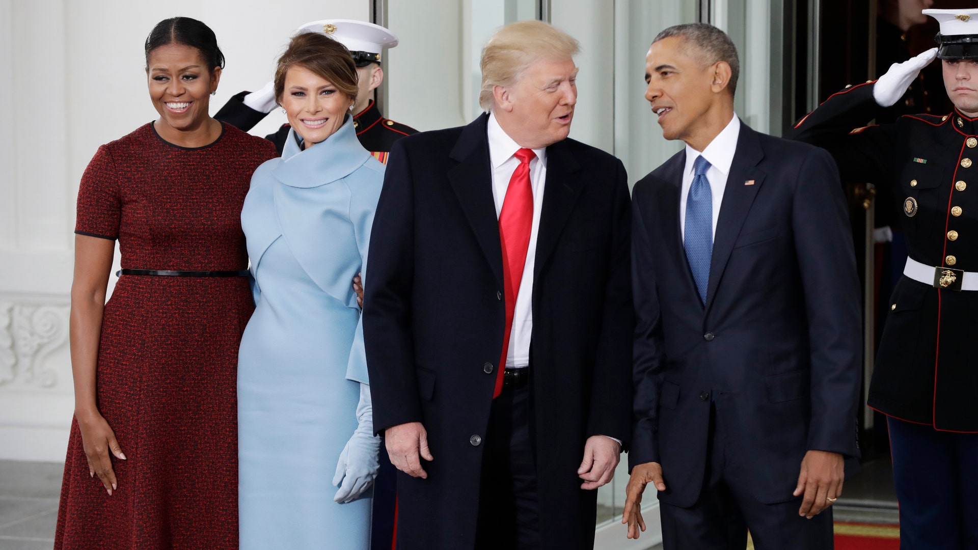 President Barack Obama and first lady Michelle Obama pose with President-elect Donald Trump and his wife Melania at the White House in Washington