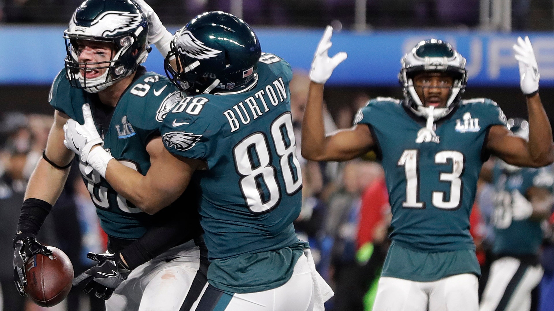 Philadelphia Eagles' Zach Ertz celebrates his touchdown catch during the fourth quarter of Super Bowl 52 in Minneapolis