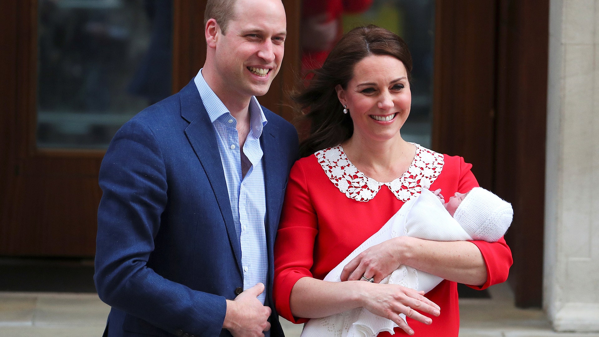 Britain's Catherine, the Duchess of Cambridge and Prince William with their new baby, Prince Louis, in London, April 23, 2018