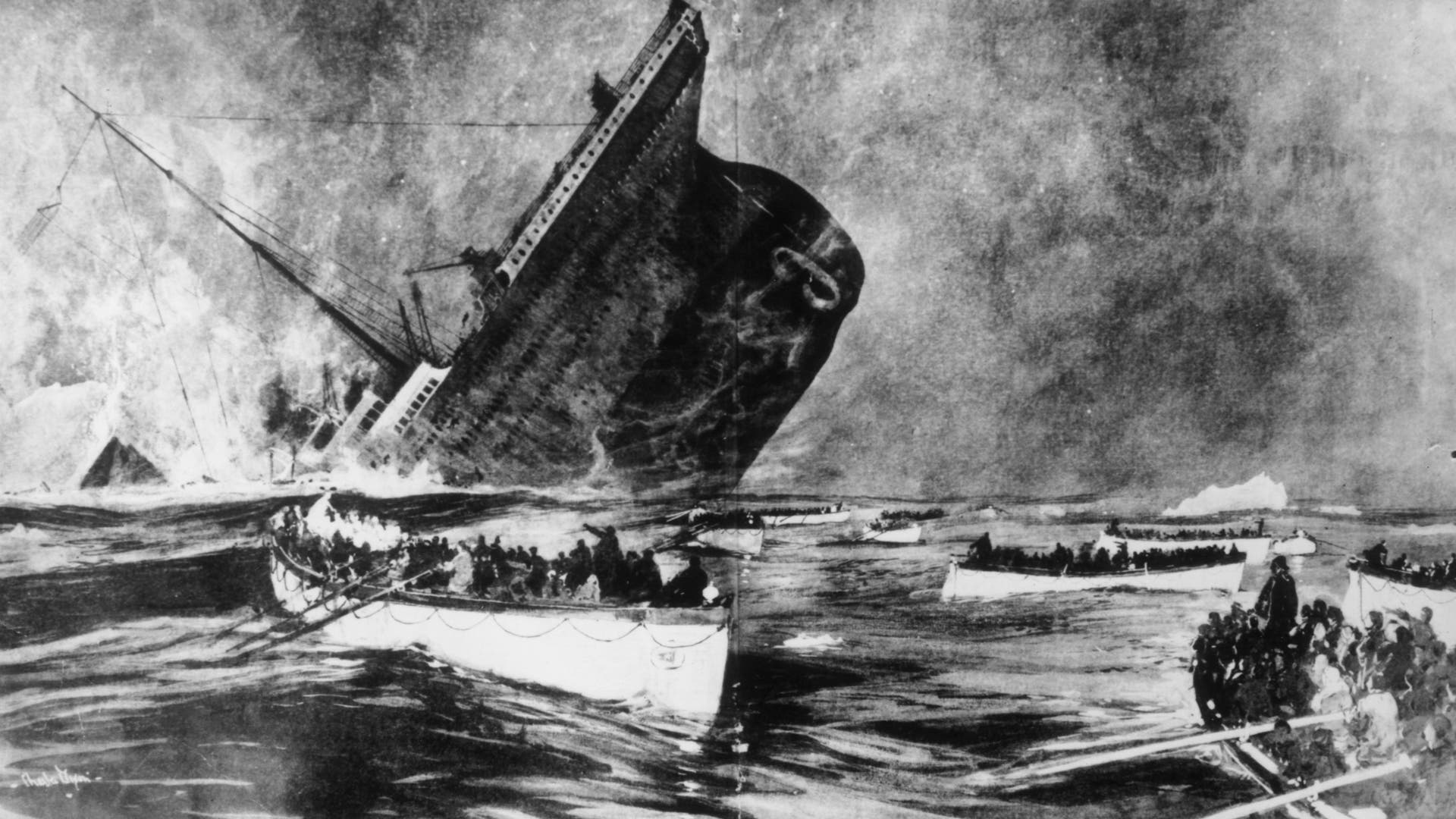 14th April 1912: Survivors watch from the lifeboats as the ill-fated White Star liner, the 'Titanic', plunges beneath the waves. Original Publication: Illustrated London News - pub. 1912 Original Publication: From a special supplement of 'Graphic'. (Photo by Hulton Archive/Getty Images)