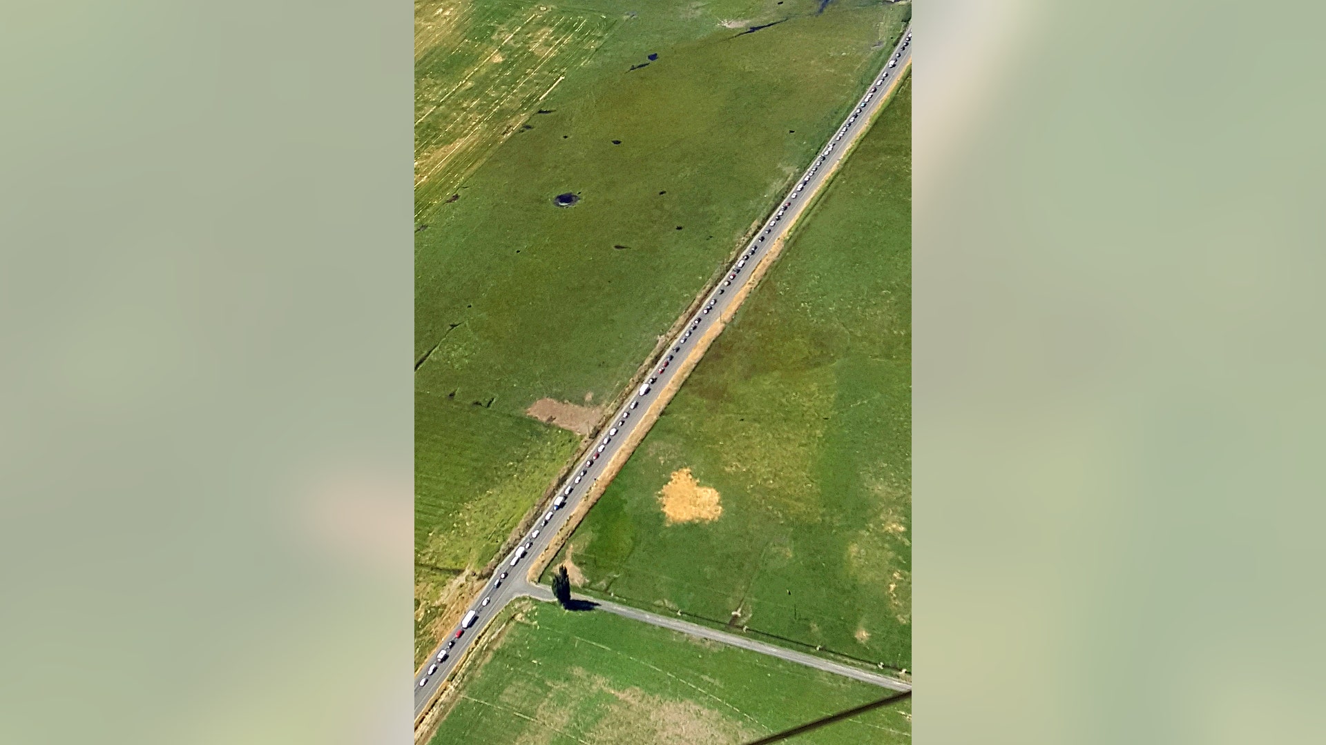 Aerial photo provided by the Oregon State Police shows a 15-mile traffic jam on Highway 26 heading in to Prineville, Ore., August 17