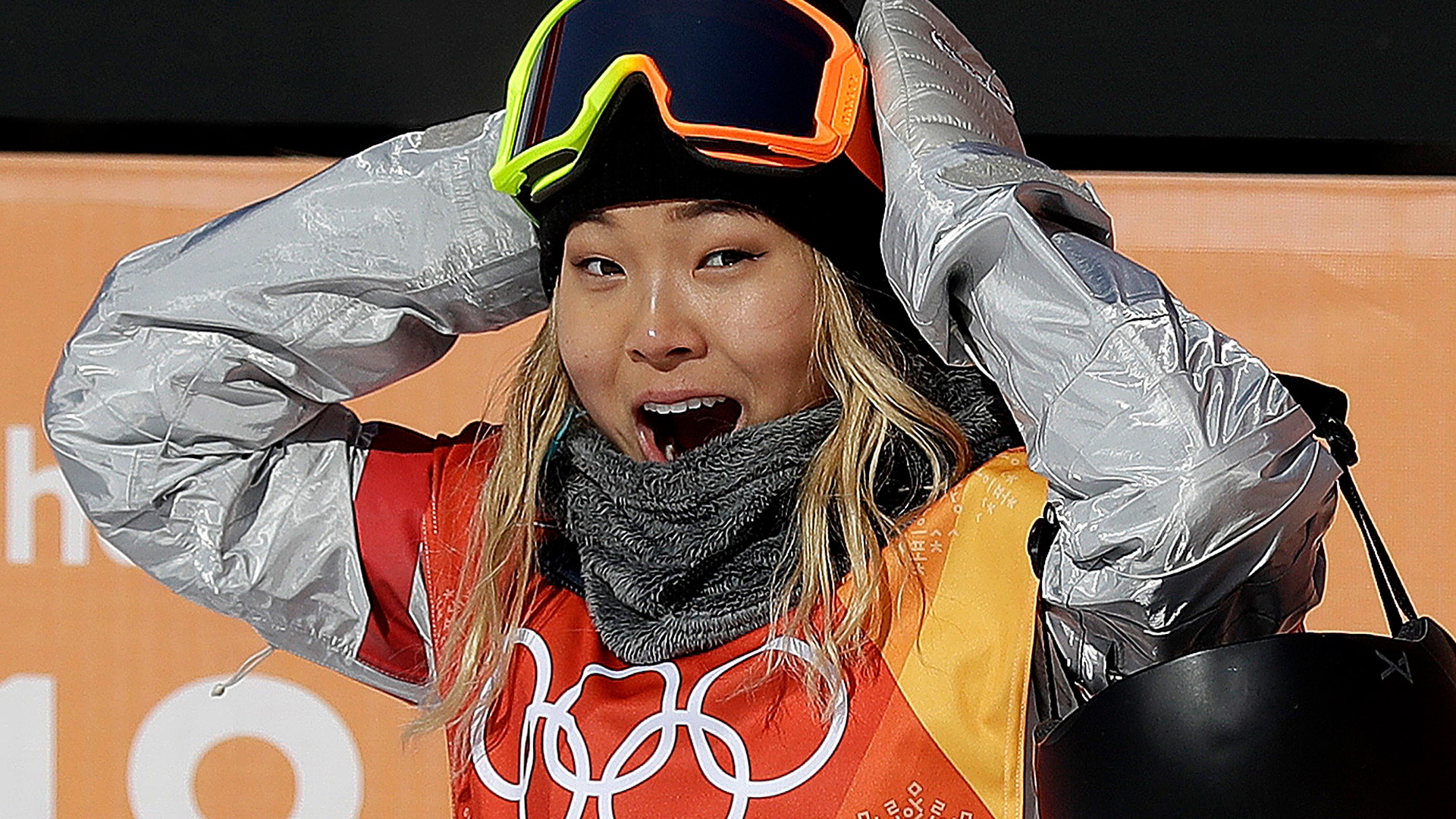 Snowboarder Chloe Kim of the United States reacts afer winning the gold medal in the women's halfpipe at the 2018 Winter Olympics