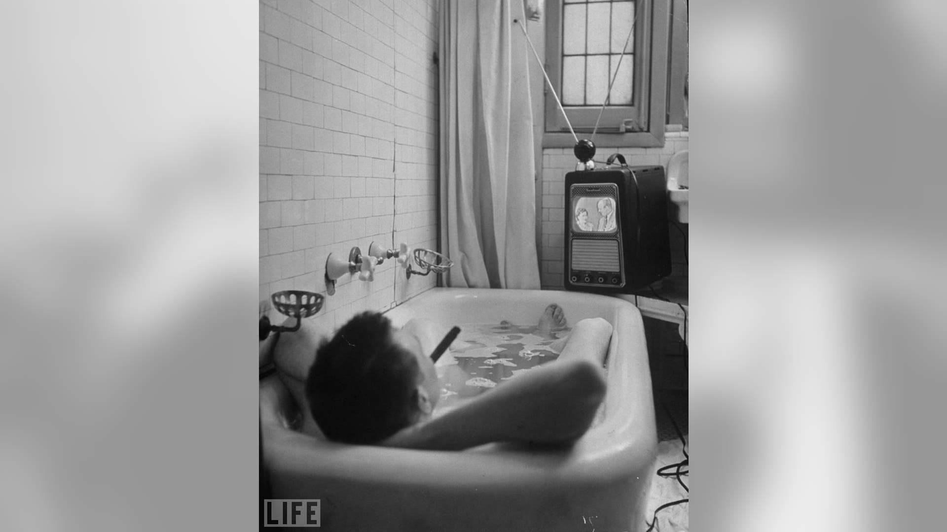 Life Watches TV: Bathing, Smoking, Watching, 1948