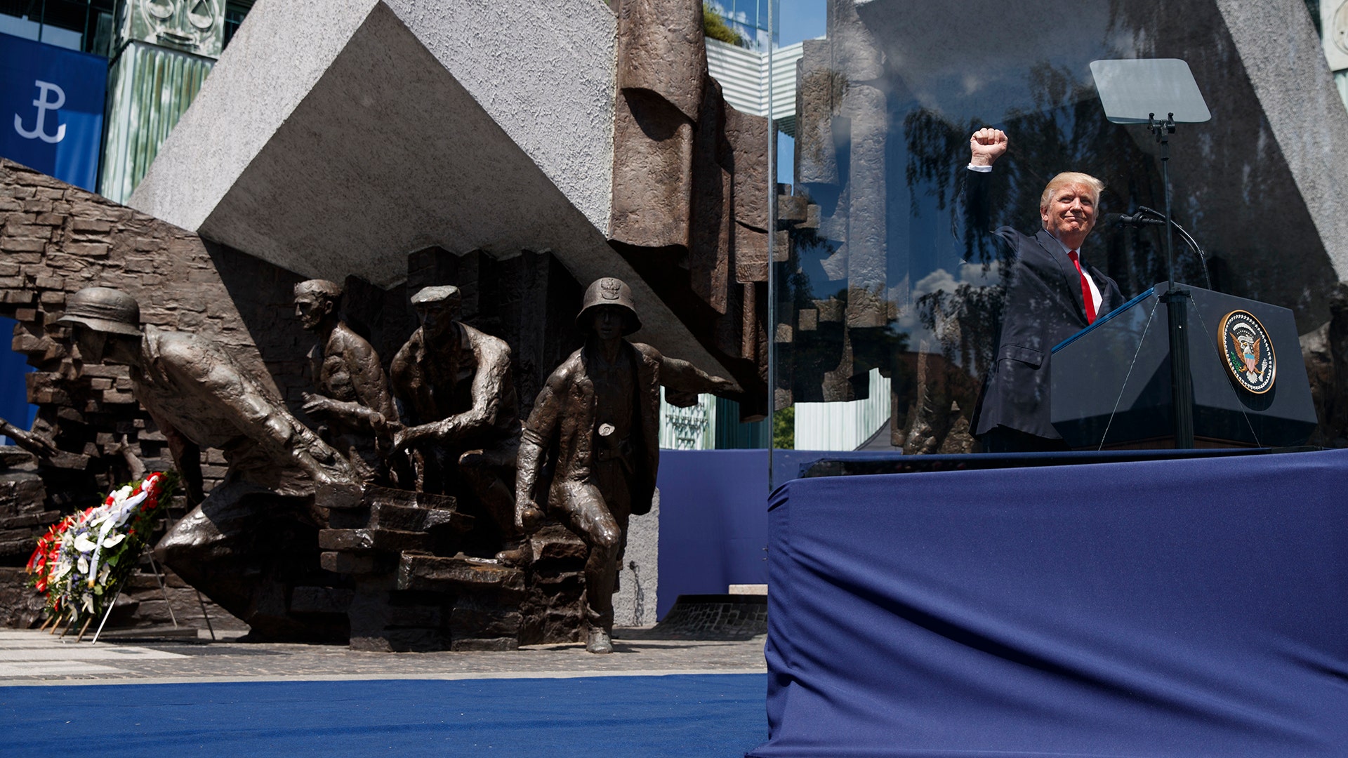 President Donald Trump delivers a speech in front of the Warsaw Uprising Monument in Krasinski Square, Thursday, July 6, in Warsaw