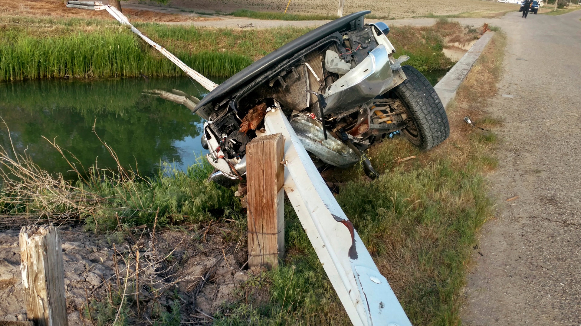 The front end of the impaled pickup truck