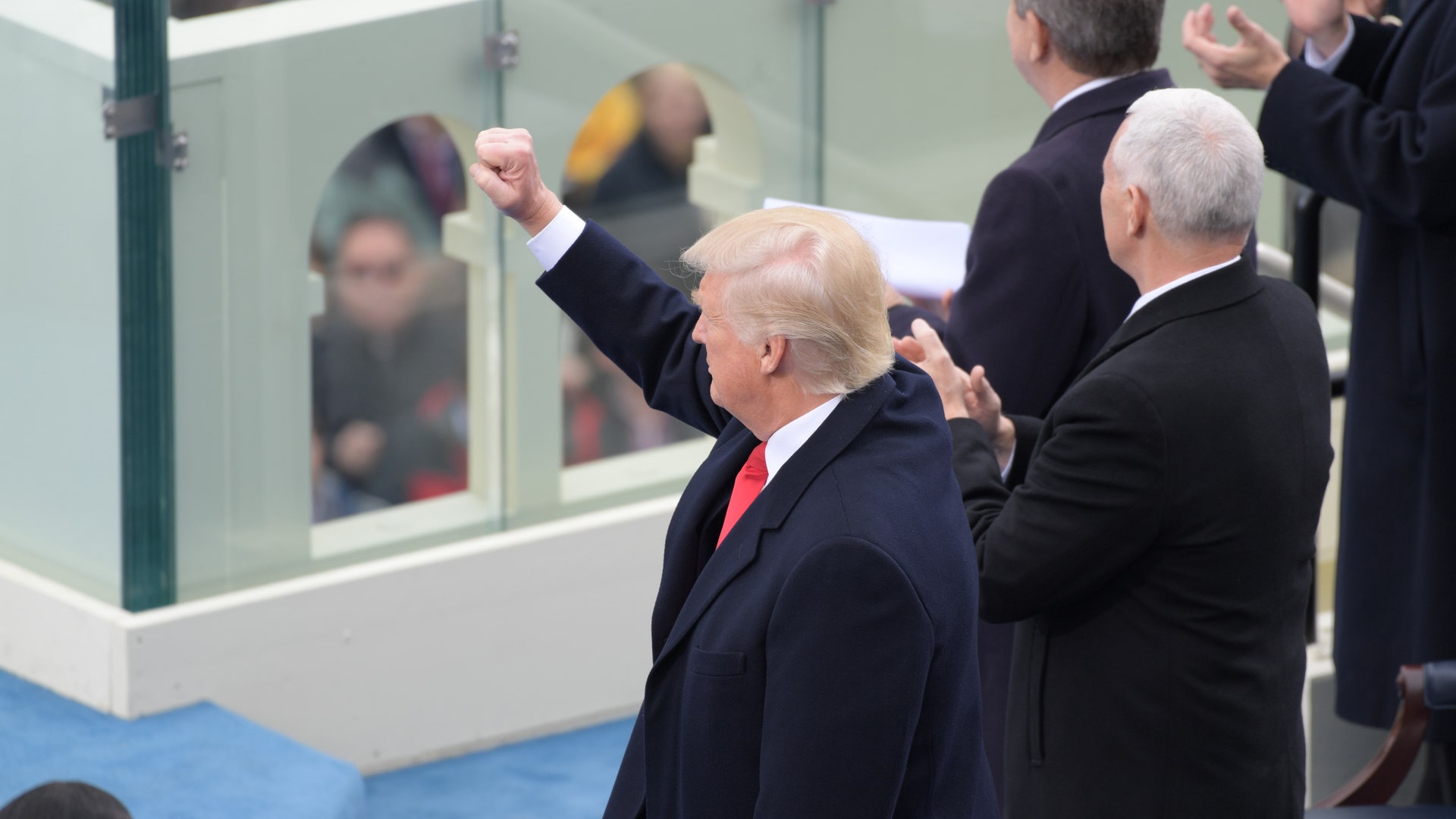 President Donald Trump pumps his fist after being sworn in as the 45th president of the United States at the U.S. Capitol in Washington, Friday, Jan. 20, 2017.