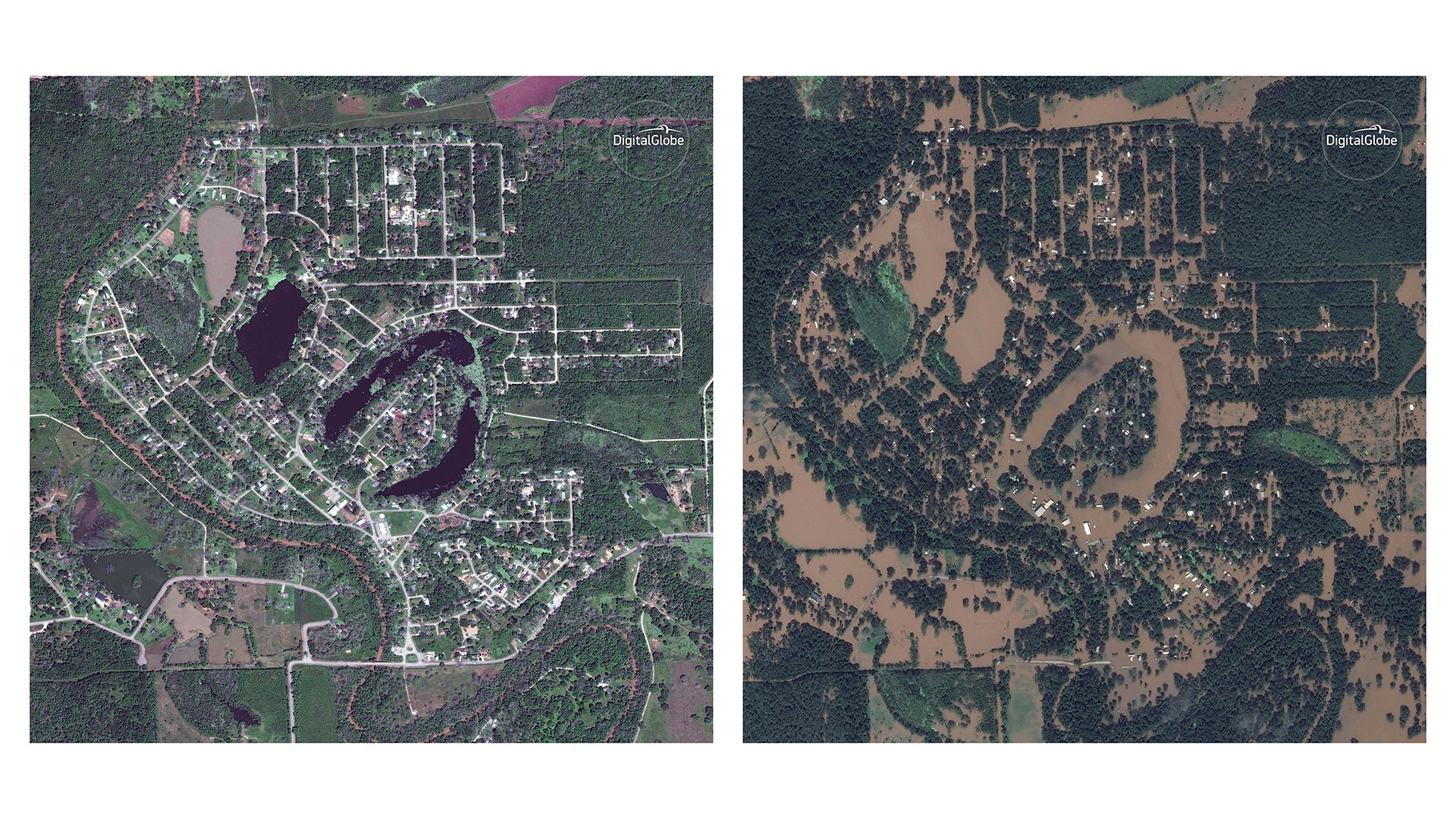 Combination satellite images show Holiday Lakes, Texas, south of Houston, on April 3, and Aug. 30
