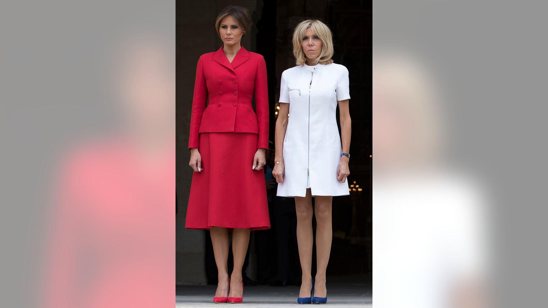 First Lady Melania Trump and French President 's wife Brigitte Macron at Les Invalides museum in Paris, Thursday
