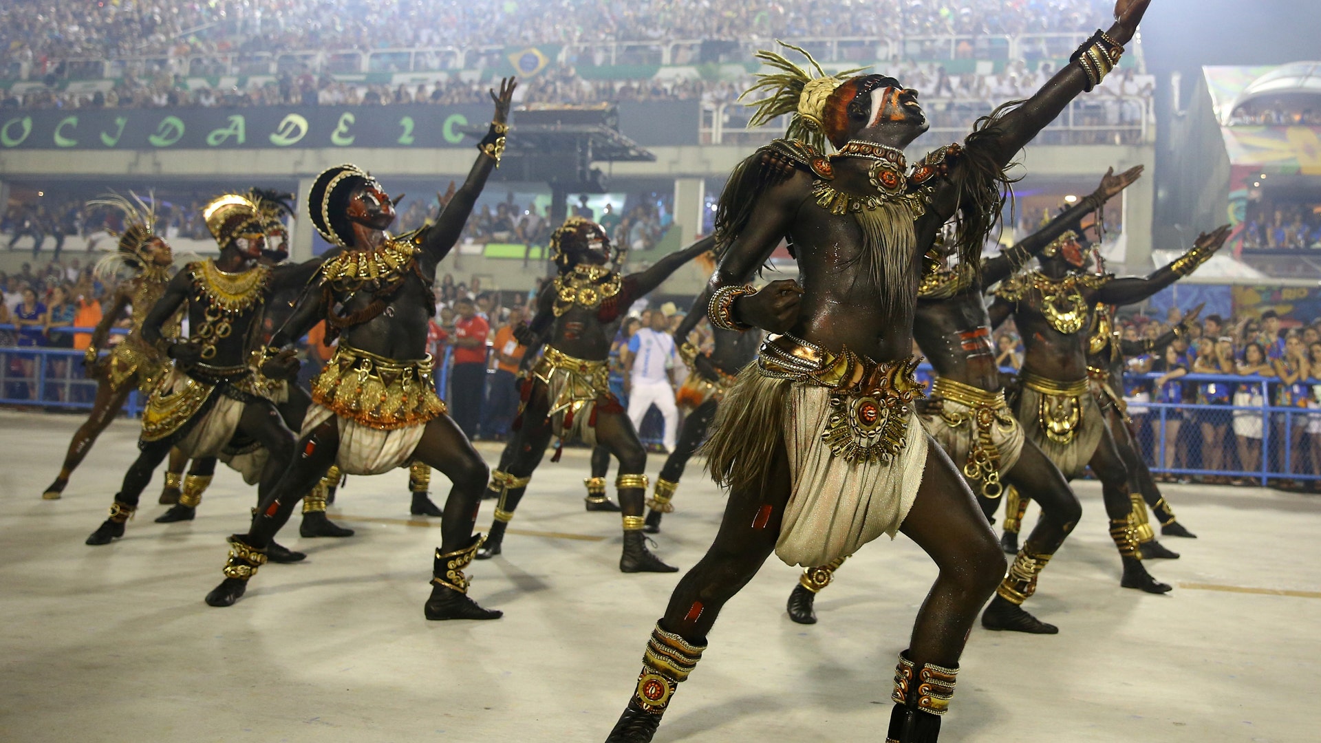 Dancers from Vila Isabel samba school perform at the Sambadrome in Rio de Janeiro.