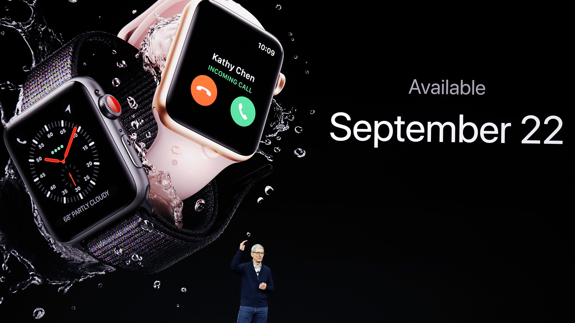 Apple CEO Tim Cook, shows new Apple Watch Series 3 product, Tuesday, in Cupertino