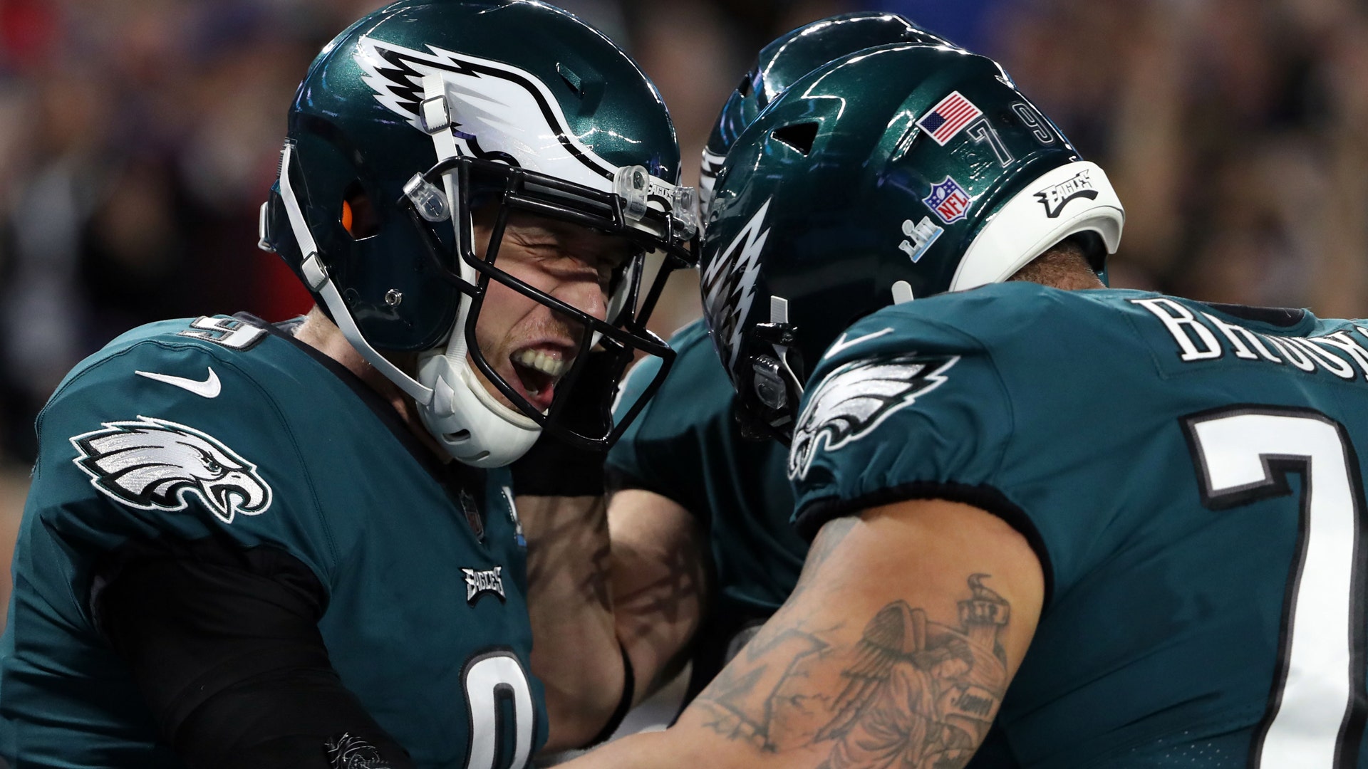 Philadelphia Eagles quarterback Nick Foles celebrates after catching a pass for a touchdown in Super Bowl 52
