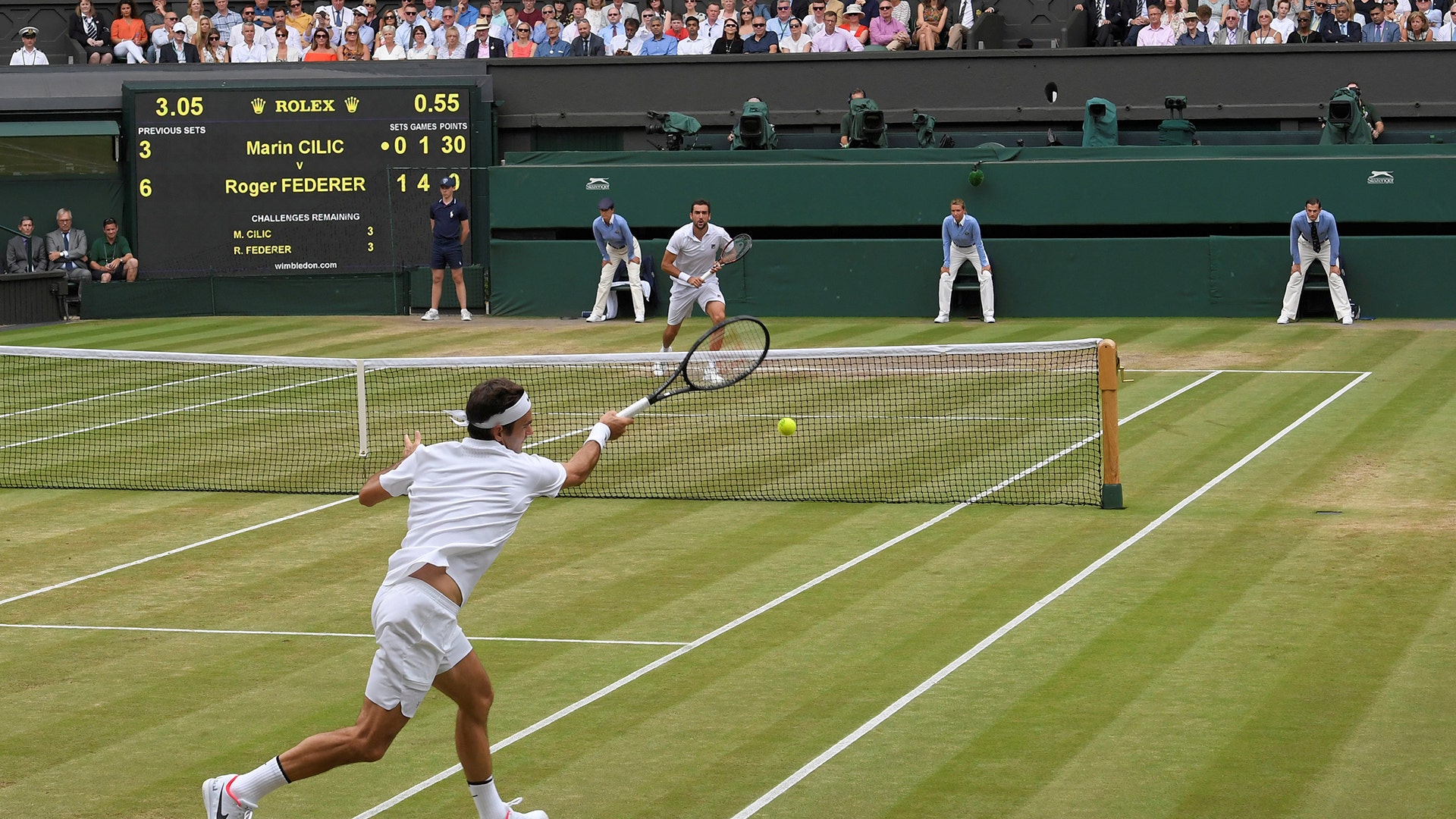 Switzerland’s Roger Federer in action during the Wimbledon final against Croatia’s Marin Cilic in London, July 16, 2017