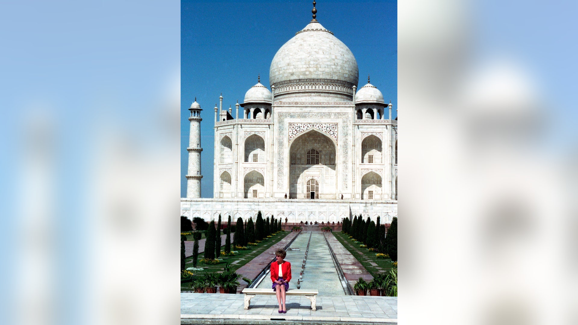 Princess Diana sits in front of the Taj Mahal in the Indian city of Agra, February 11, 1992