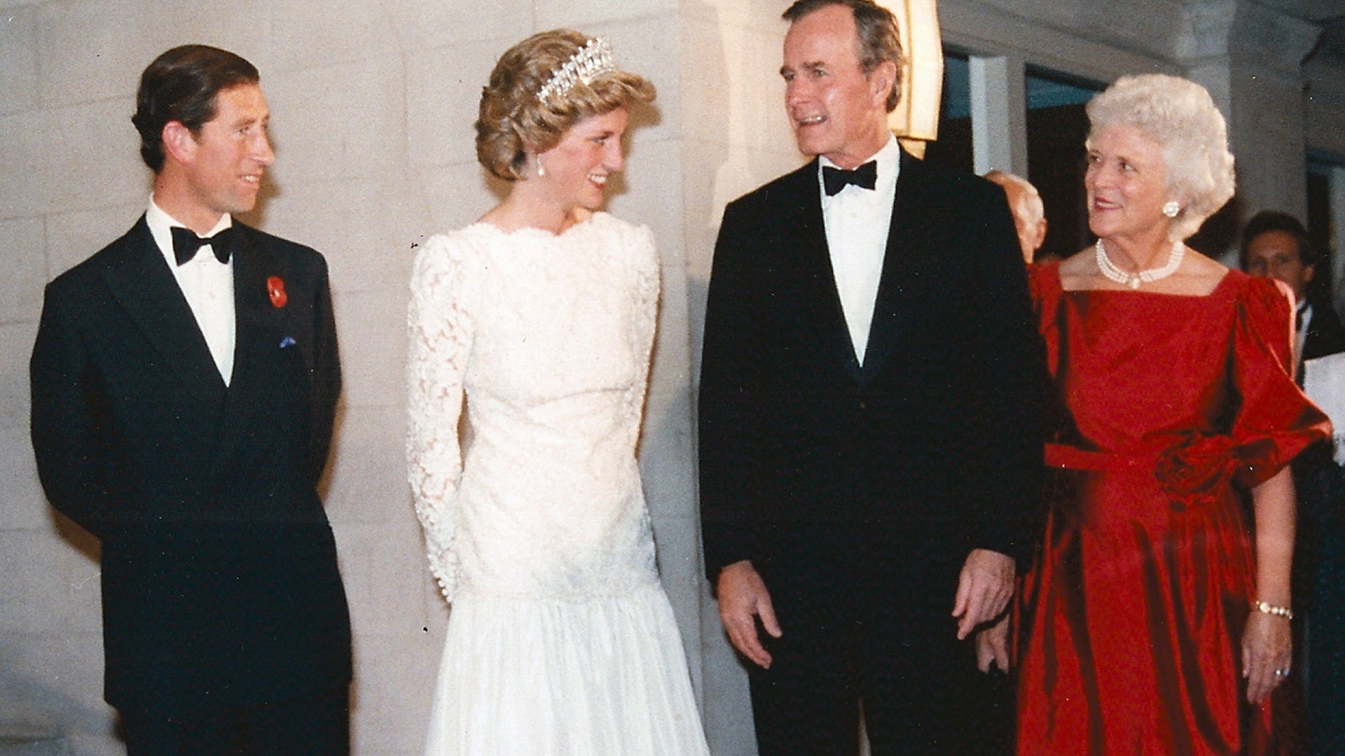 Prince Charles, Princess Diana greet George Bush and Barbra Bush during dinner at reception at the British Embassy