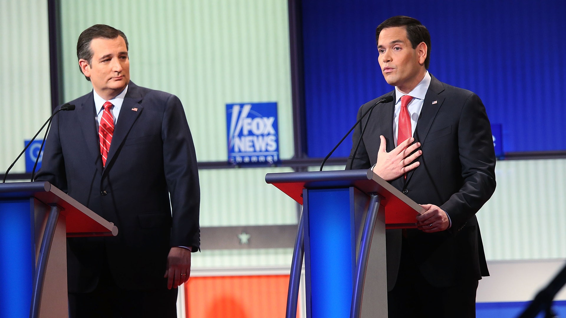   Republican presidential candidates Sen. Marco Rubio and Sen. Ted Cruz participate in the Fox News - Google GOP Debate 