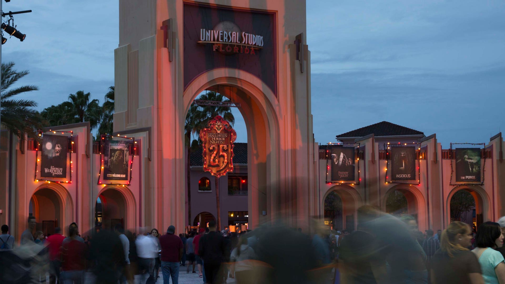 Creepy lights welcome visitors at the park gates