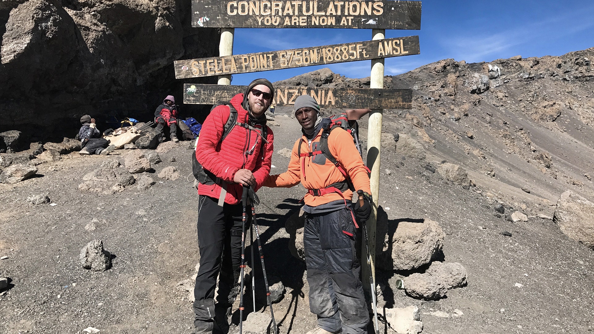 Jake Rath, left, and Marine veteran, Cpl. Kionte Storey, ahead of their final climb to the summit of Mount Kilimanjaro.