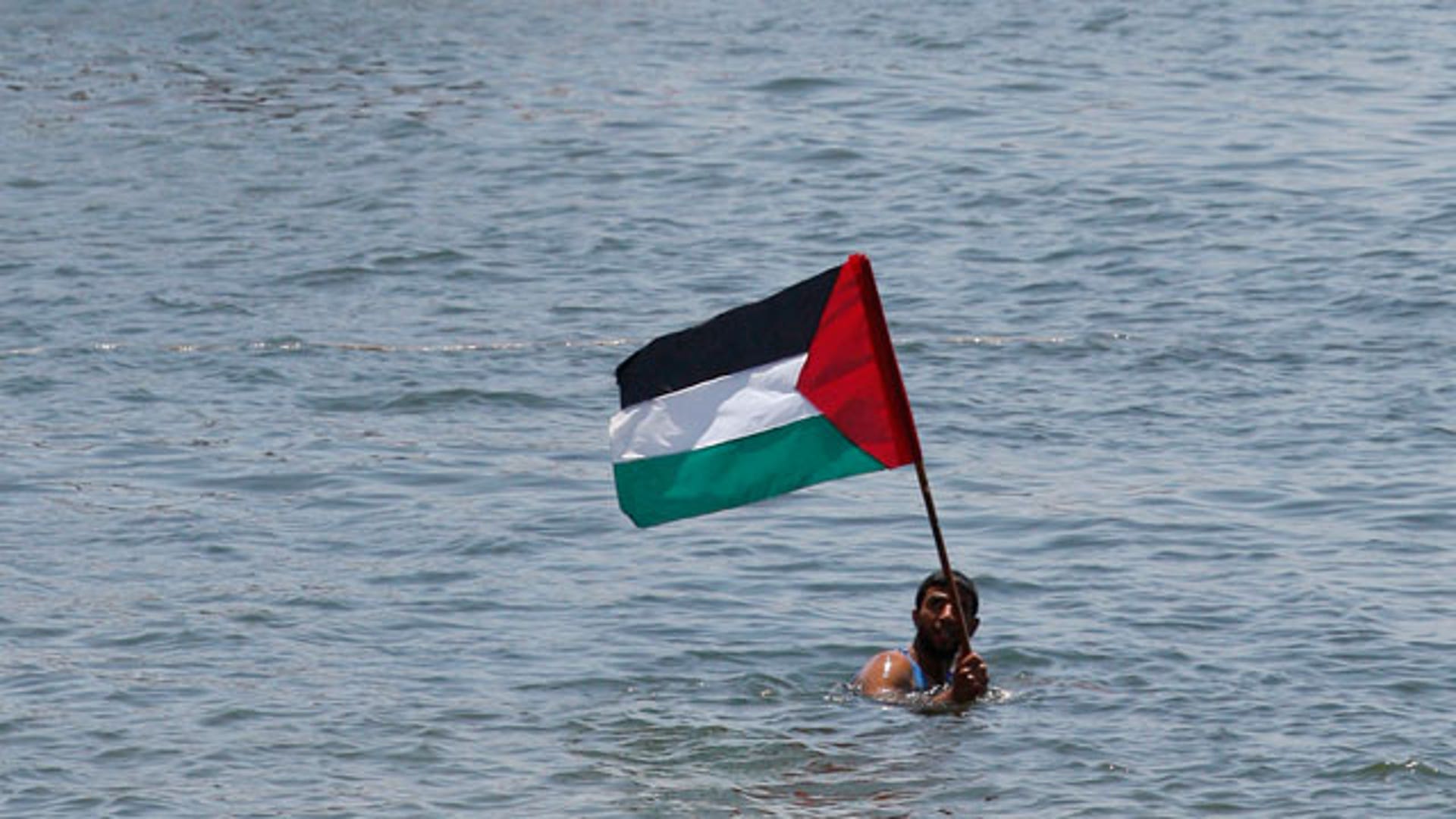 Swimmer Holds Palestinian Flag Protesting Israel