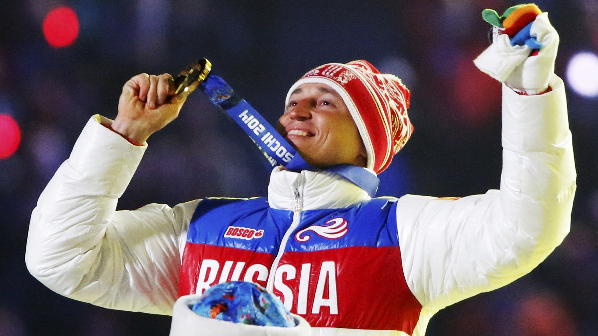 Alexander Legkov (Russia) after receiving his gold medal for the men's cross-country 50-kilometer race at the 2014 Sochi Winter Olympics