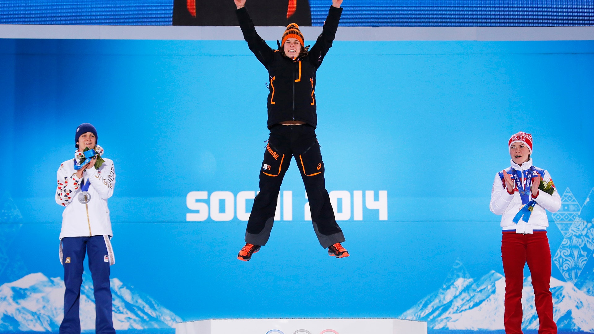 Gold medalist Irene Wust (Netherlands) after winning the women's 3000 meters speed skating race at the 2014 Sochi Winter Olympics
