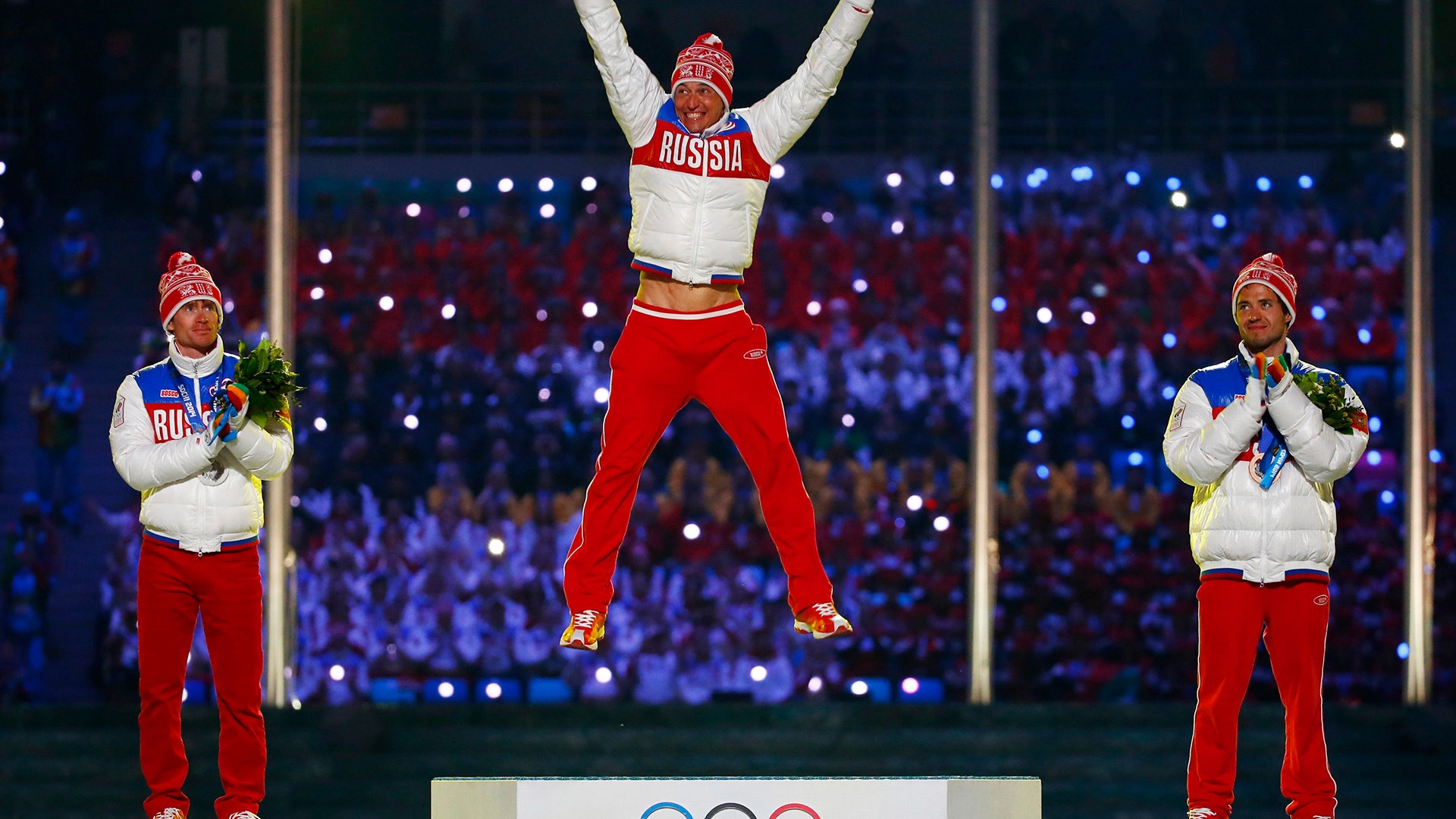 Gold medalist Alexander Legkov (Russia) after winning the men's cross-country 50-kilometer race at the 2014 Sochi Olympics