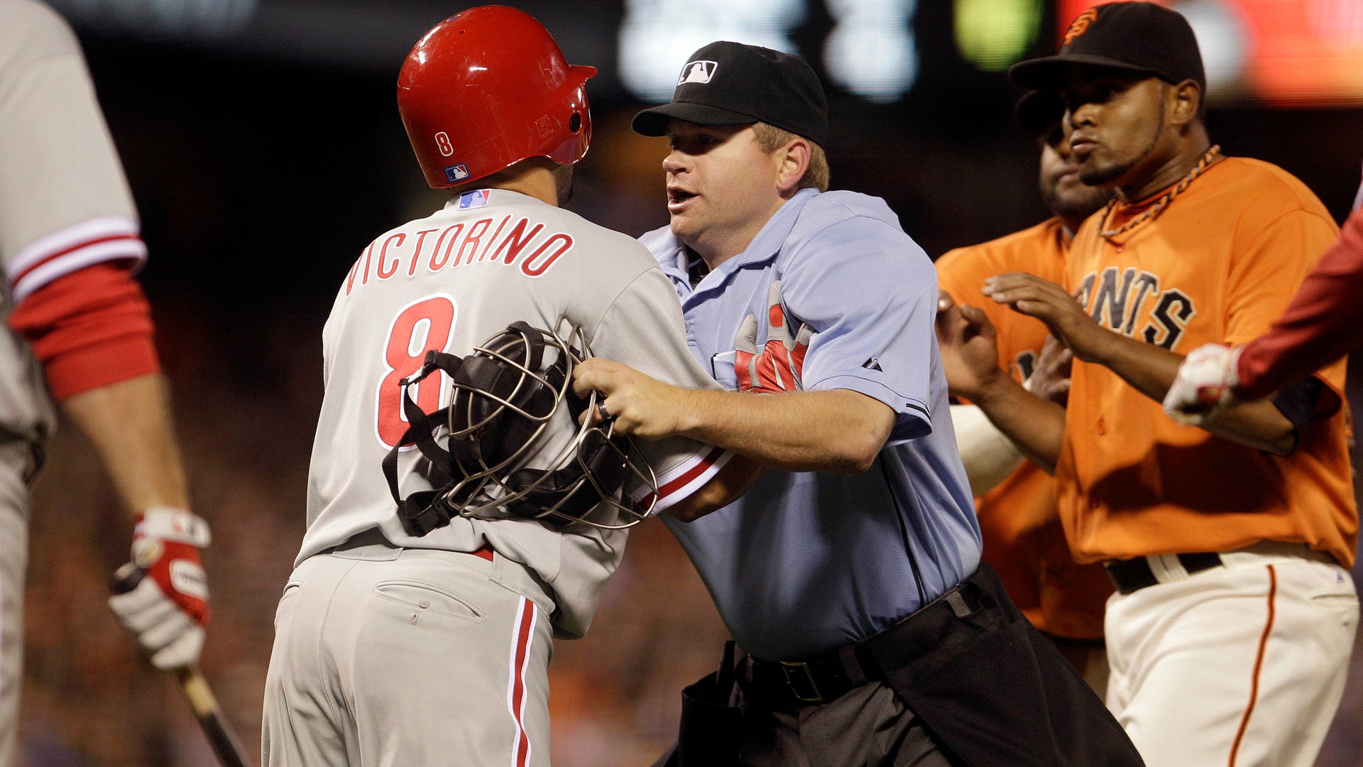 Phillies Giants Baseball brawl- restrained