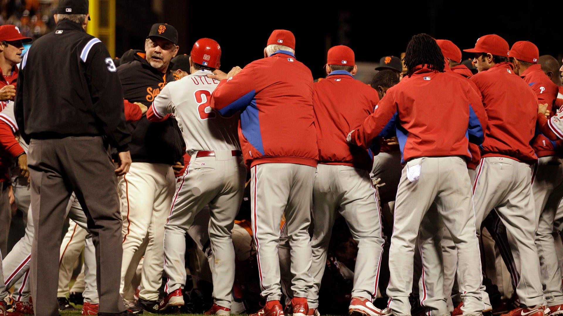 Phillies Giants Baseball brawl field utley