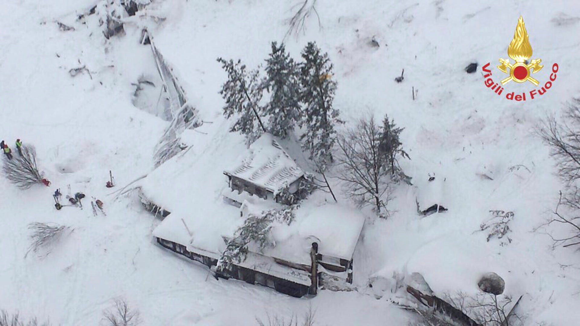 An aerial view shows Hotel Rigopiano in Farindola, central Italy, after it was buried in snow.