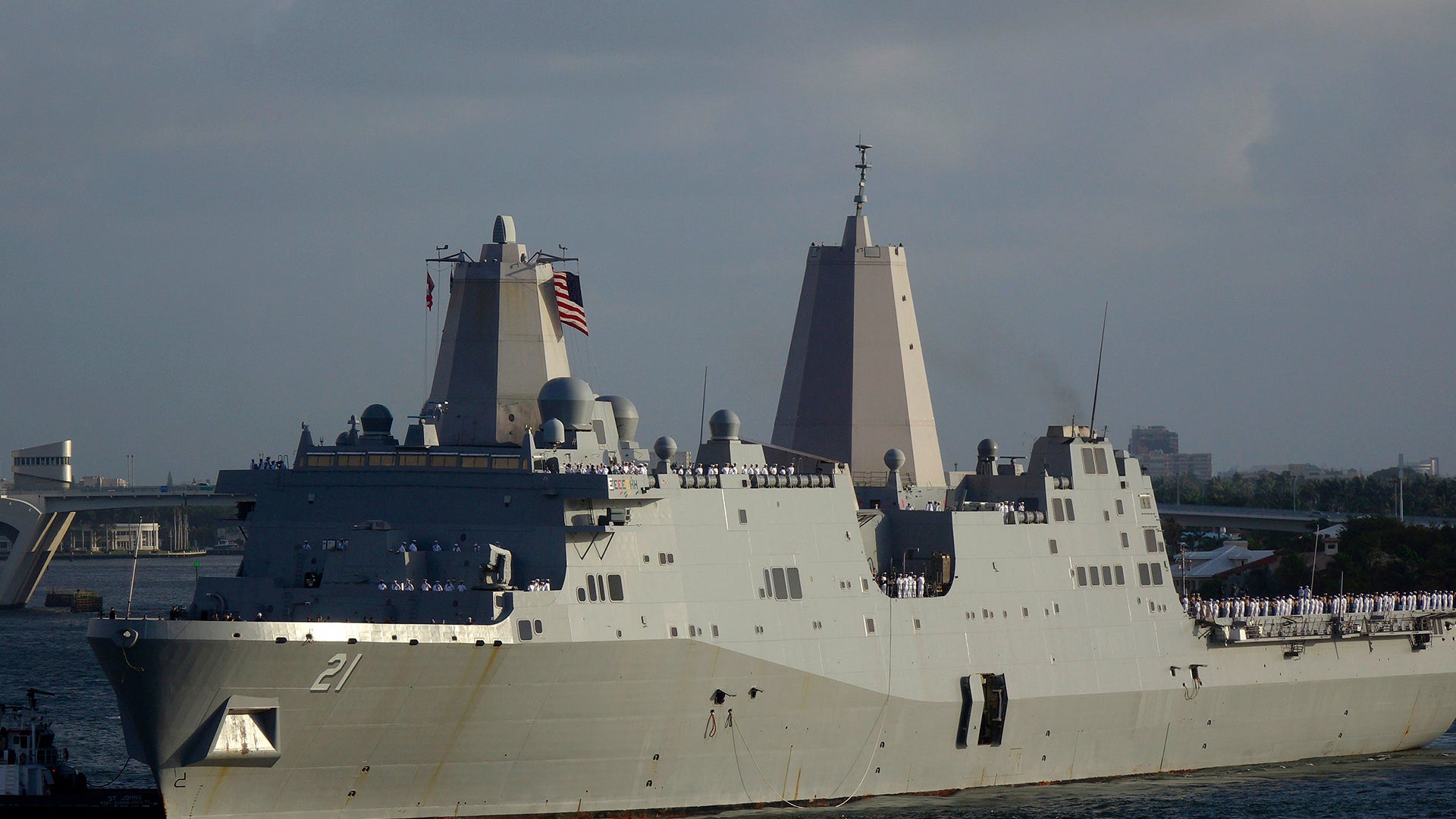 The USS New York steams into Port Everglades in Fort Lauderdale, Florida