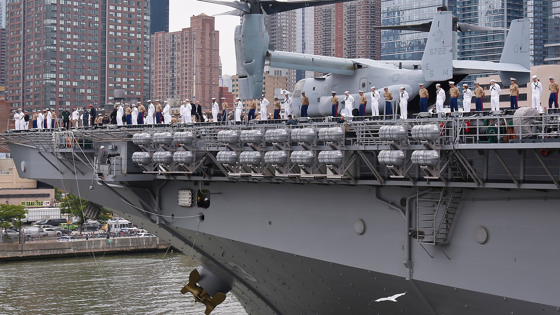 The USS Kearsarge, from Norfolk, Va., arrives for docking as part of Fleet Week celebrations