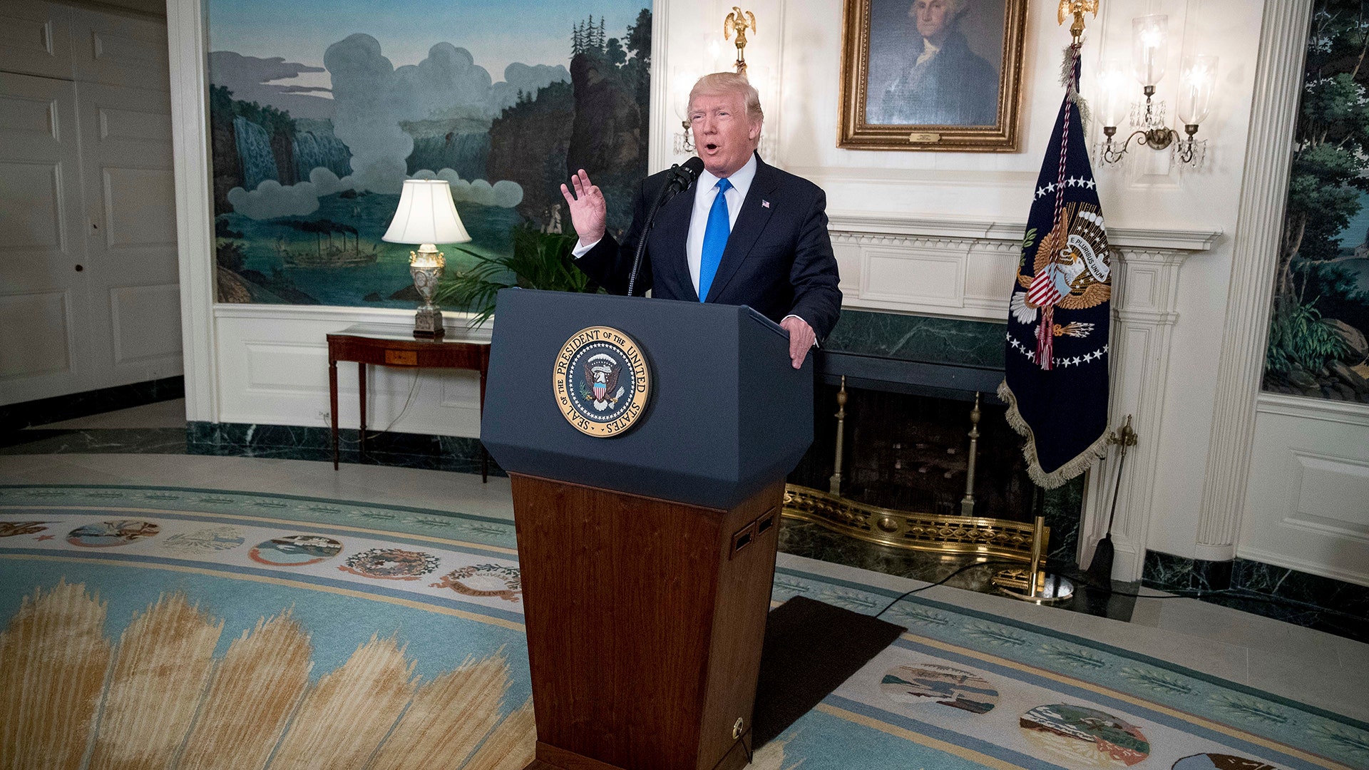 President Donald Trump speaks in the Diplomatic Room of the White House