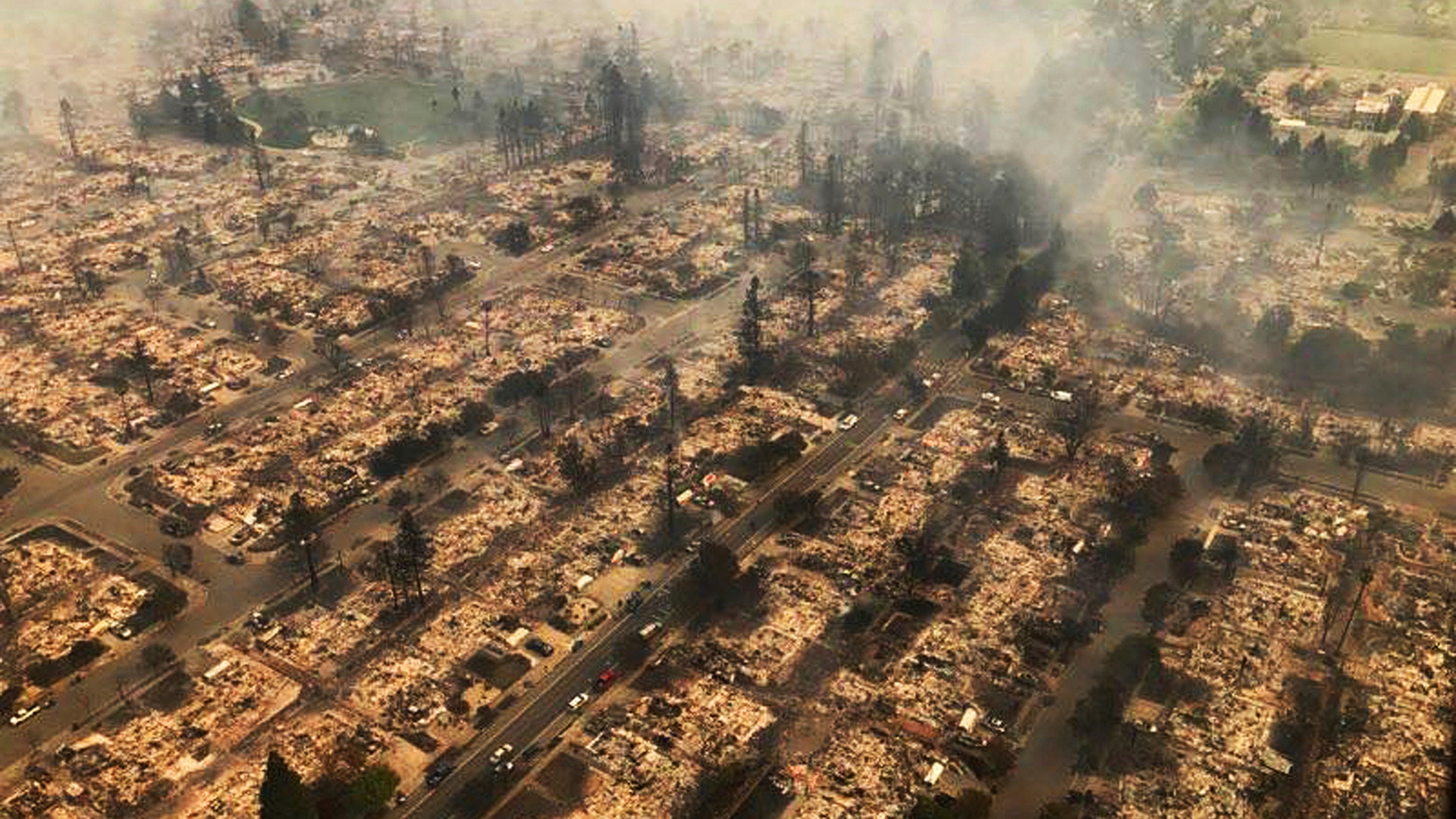 Arial photo shows hundreds of homes destroyed in a wind-driven wildfire that swept through Santa Rosa, California.October 9, 2017