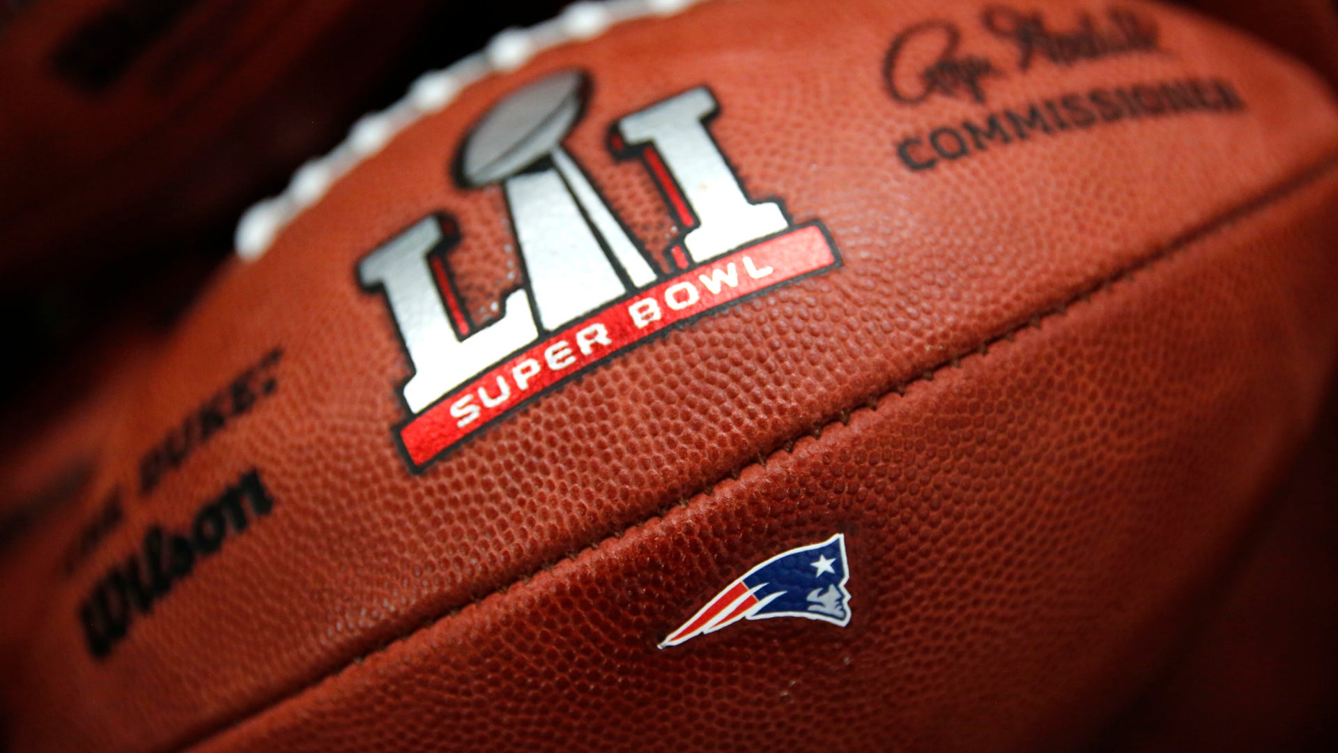 The New England Patriots' NFL Super Bowl LI game ball is finished with the team's logo affixed to it.