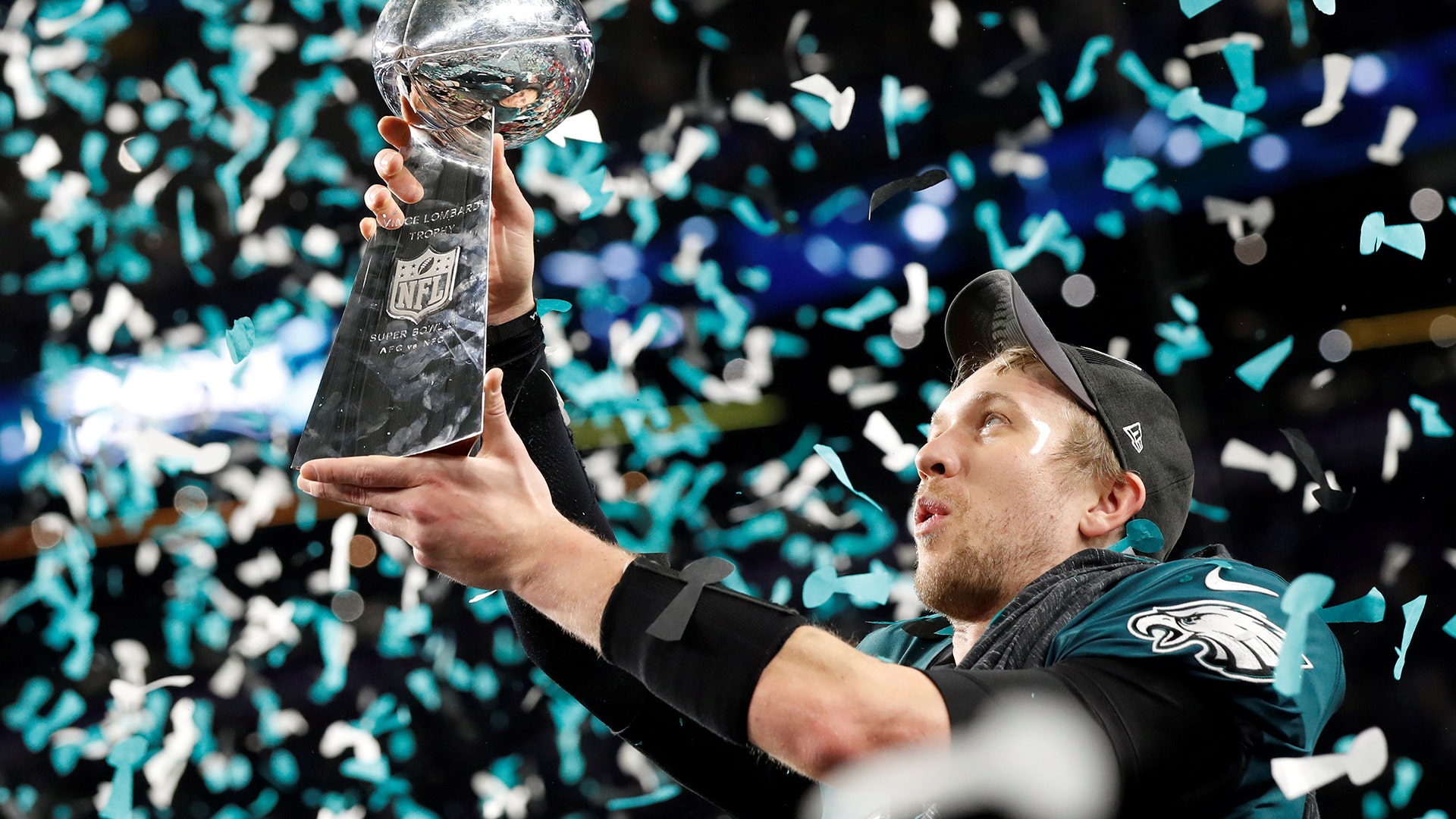 Philadelphia Eagles' Nick Foles celebrates with the Vince Lombardi Trophy after winning Super Bowl 52 in Minneapolis, Sunday